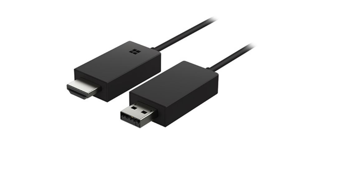 MICROSOFT Wireless Display Adapter in black, designed for wireless streaming to HDTVs, showcasing its compact and portable design.