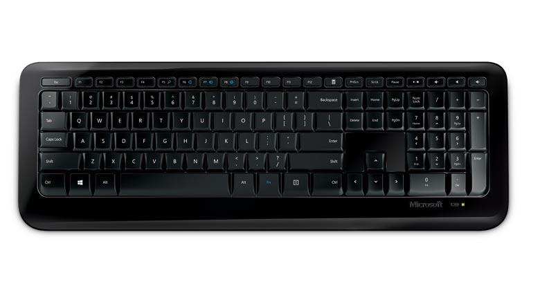 Microsoft Wireless Keyboard 850 in black, showcasing its sleek design and quiet-touch keys.