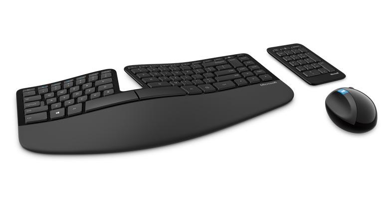 Microsoft Wireless Sculpt Ergonomic Desktop featuring a black ergonomic keyboard and optical mouse designed for comfort and productivity.