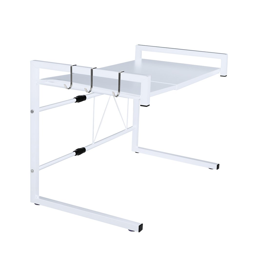 Adjustable Microwave Oven Shelf Kitchen Organiser in white, featuring a two-tier design and heavy-duty iron frame for efficient kitchen storage.