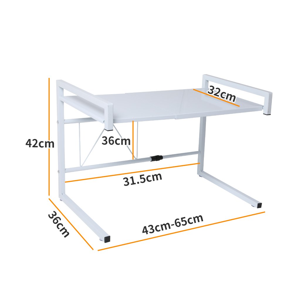 Adjustable Microwave Oven Shelf Kitchen Organiser in white, featuring a two-tier design and heavy-duty iron frame for efficient kitchen storage.