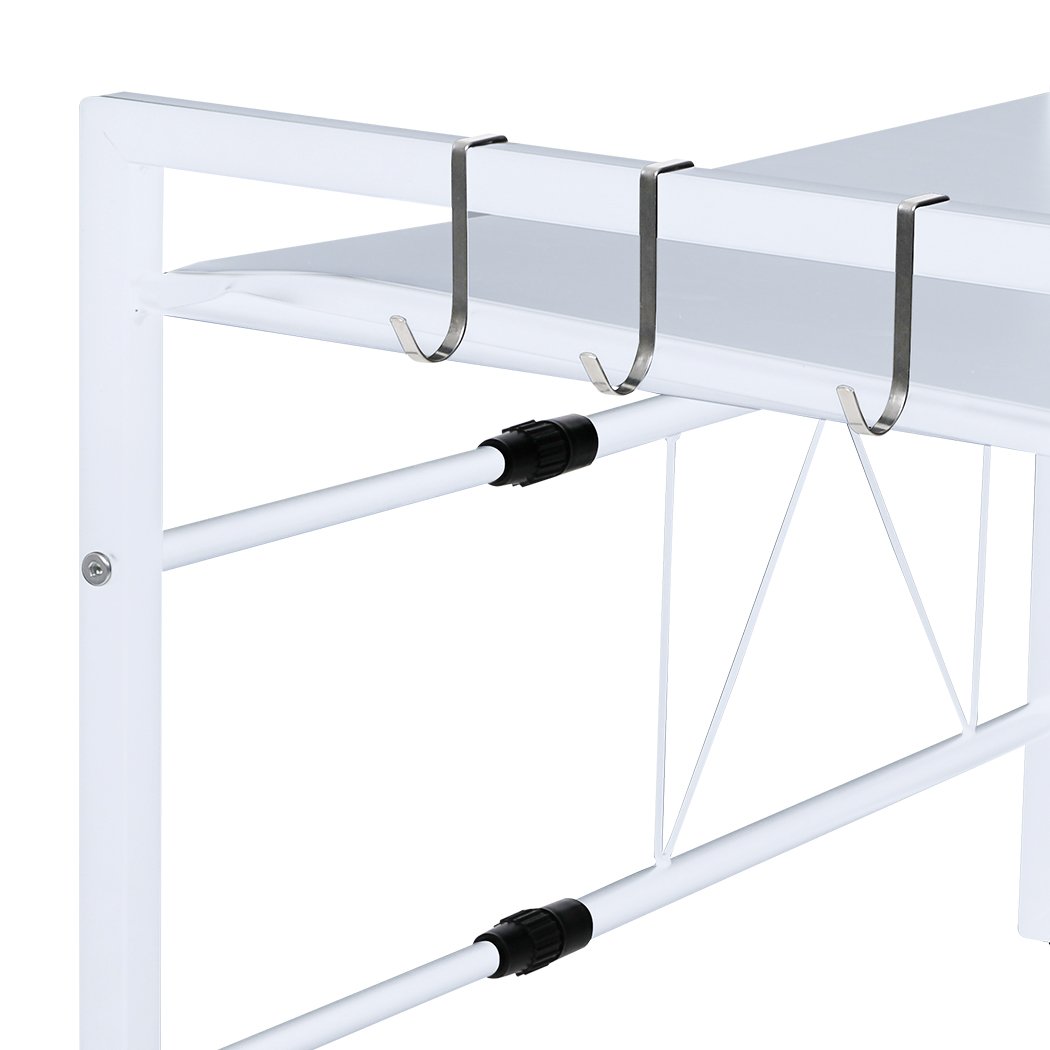 Adjustable Microwave Oven Shelf Kitchen Organiser in white, featuring a two-tier design and heavy-duty iron frame for efficient kitchen storage.