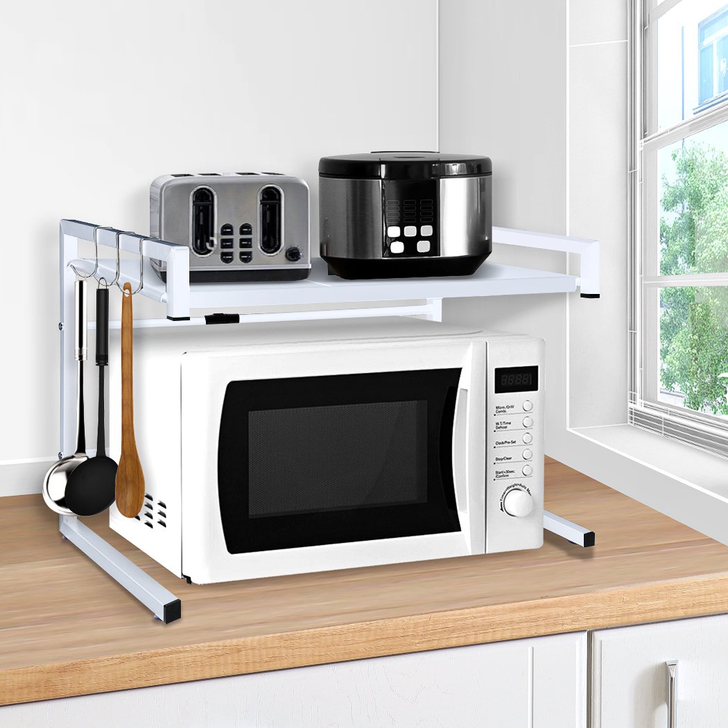 Adjustable Microwave Oven Shelf Kitchen Organiser in white, featuring a two-tier design and heavy-duty iron frame for efficient kitchen storage.