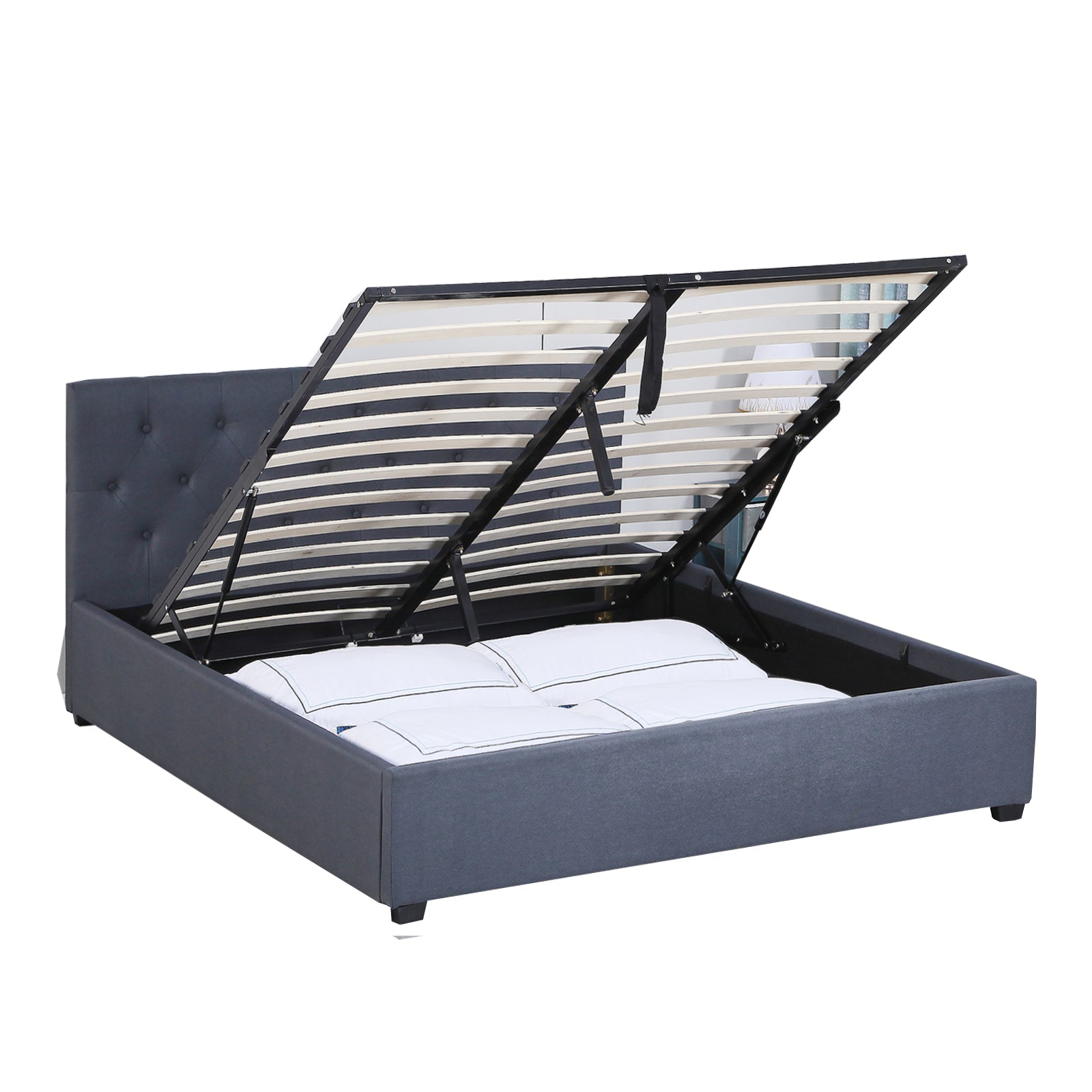 Milano Capri Luxury Gas Lift Bed Frame with Headboard, featuring a tufted design and spacious storage underneath, upholstered in high-quality fabric.