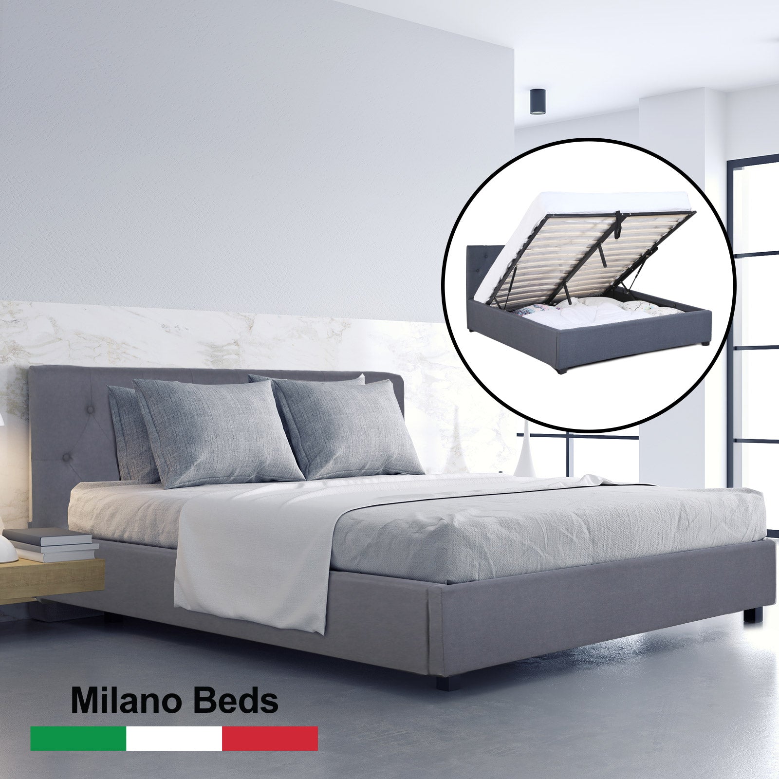 Milano Capri Luxury Gas Lift Bed Frame with Headboard, featuring a tufted design and spacious storage underneath, upholstered in high-quality fabric.