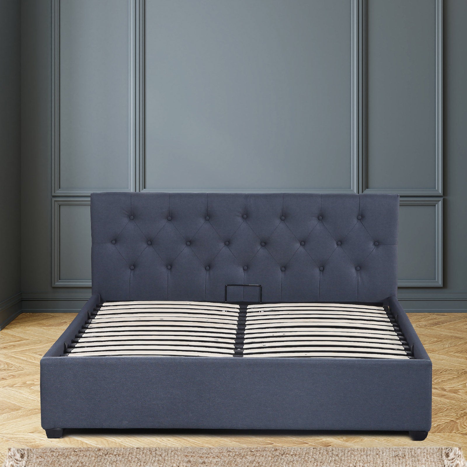 Milano Capri Luxury Gas Lift Bed Frame with Headboard, featuring a tufted design and spacious storage underneath, upholstered in high-quality fabric.