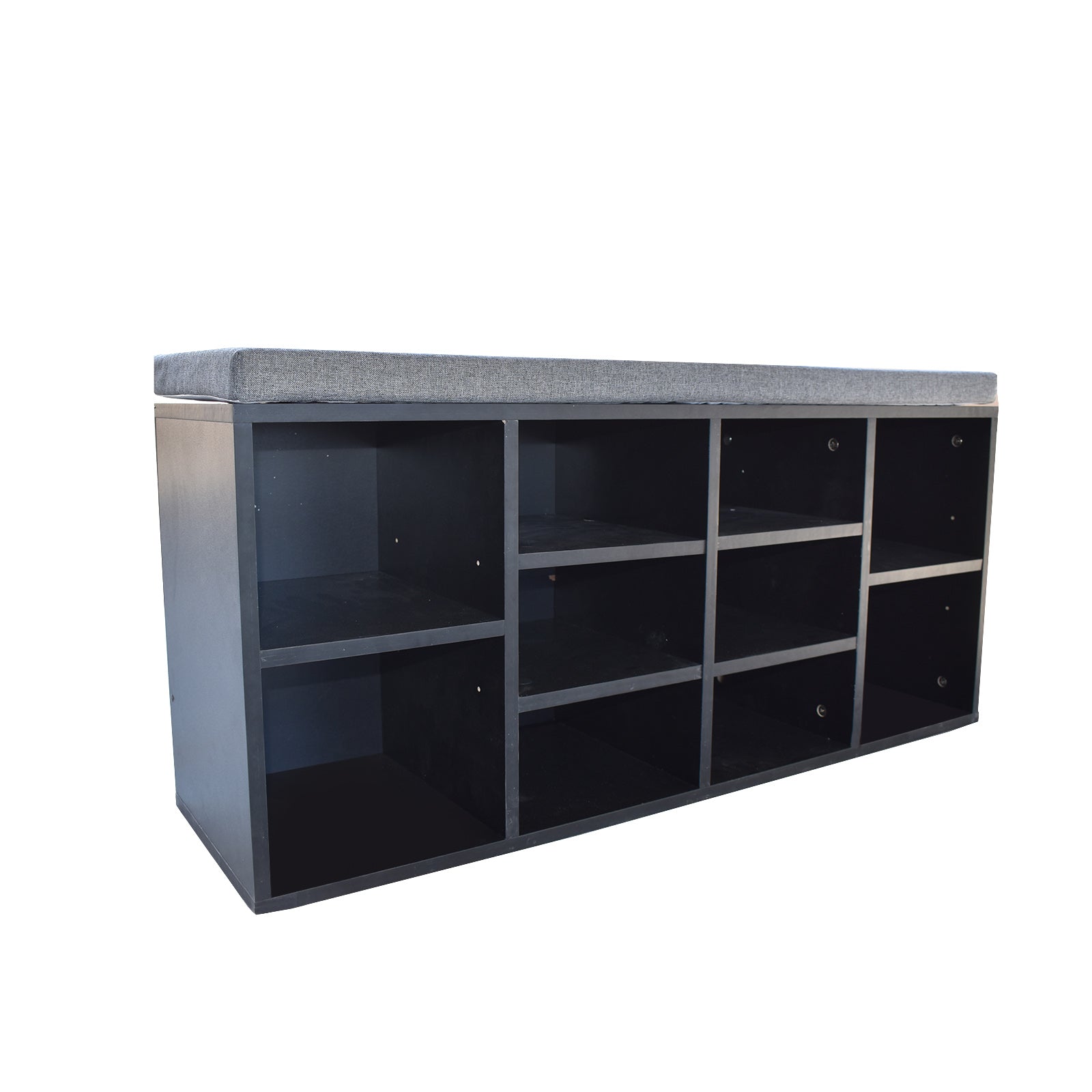 Milano Decor 2 in 1 Shoe Organiser with a black frame and grey cushioned bench, featuring 10 compartments for shoe storage.