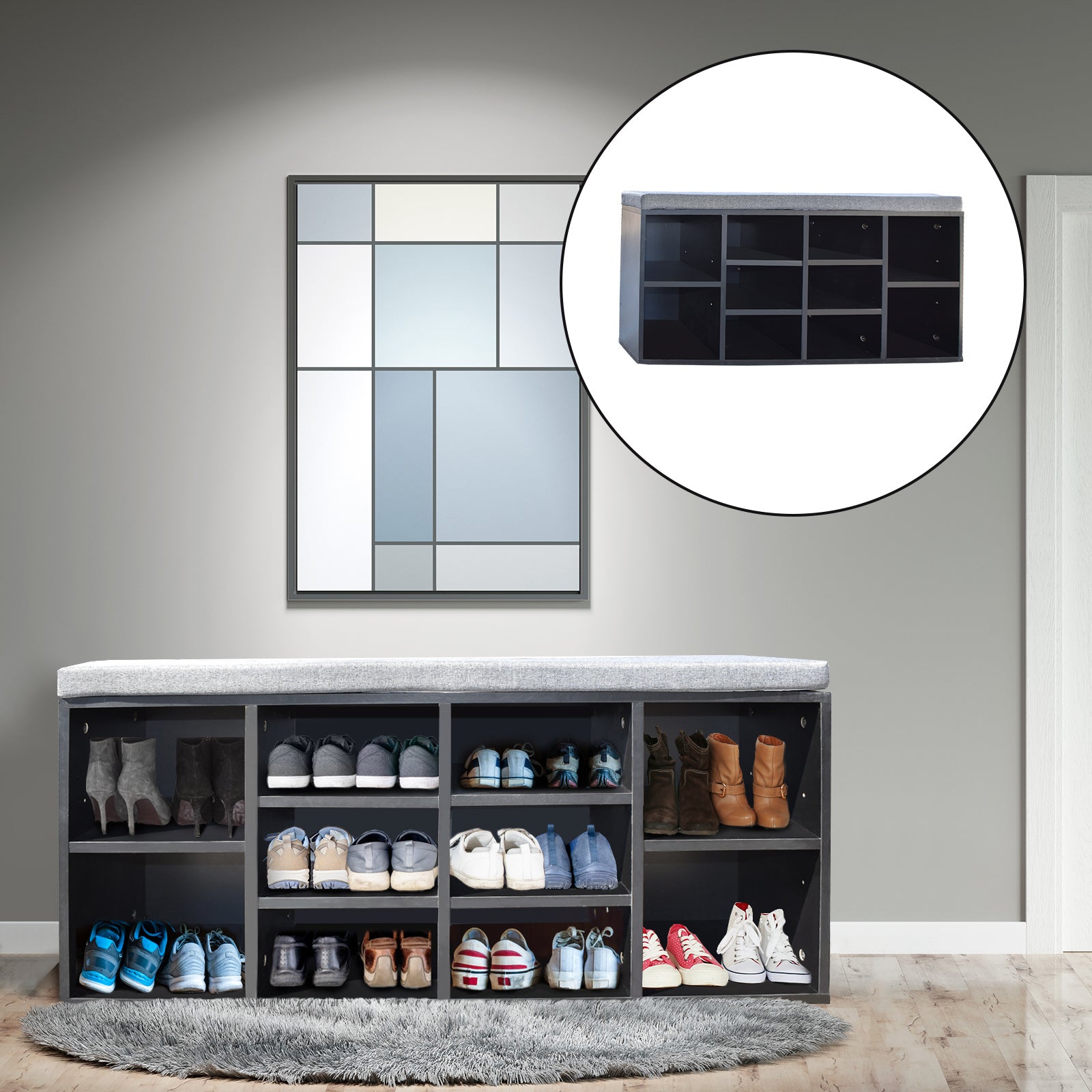 Milano Decor 2 in 1 Shoe Organiser with a black frame and grey cushioned bench, featuring 10 compartments for shoe storage.