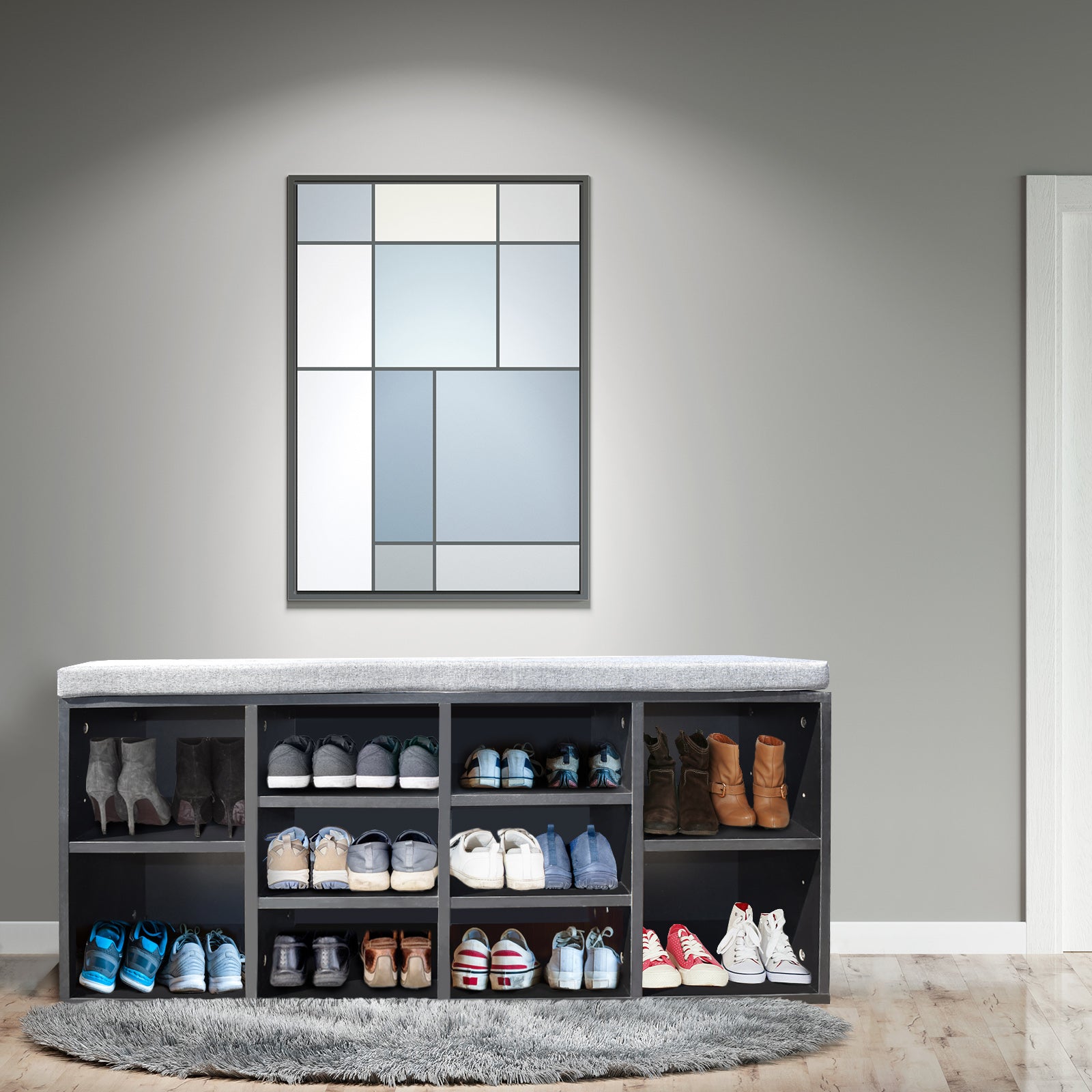 Milano Decor 2 in 1 Shoe Organiser with a black frame and grey cushioned bench, featuring 10 compartments for shoe storage.