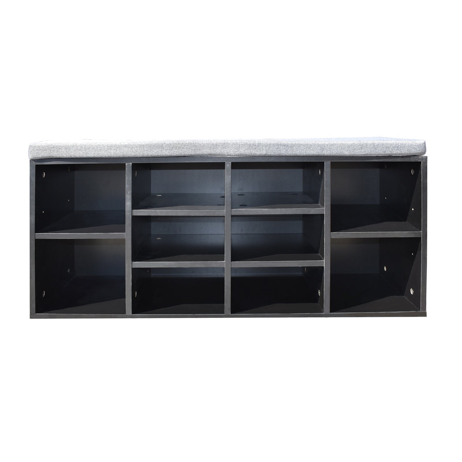 Milano Decor 2 in 1 Shoe Organiser with a black frame and grey cushioned bench, featuring 10 compartments for shoe storage.