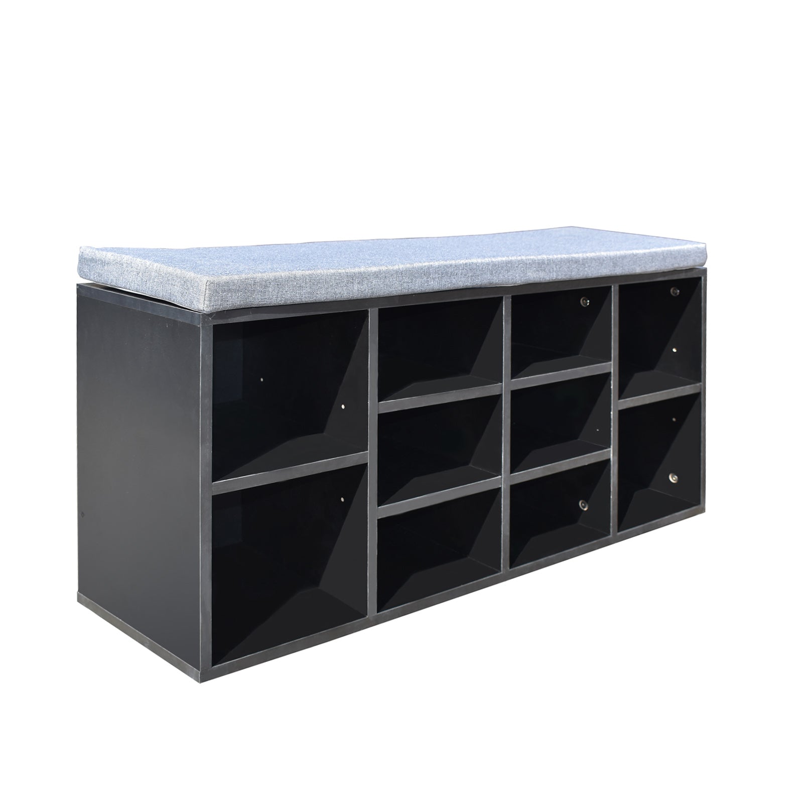 Milano Decor 2 in 1 Shoe Organiser with a black frame and grey cushioned bench, featuring 10 compartments for shoe storage.