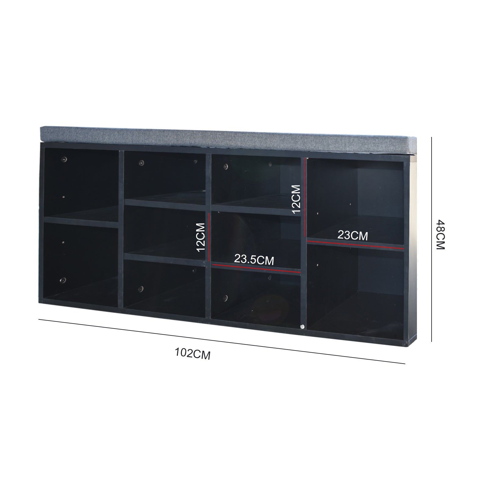 Milano Decor 2 in 1 Shoe Organiser with a black frame and grey cushioned bench, featuring 10 compartments for shoe storage.