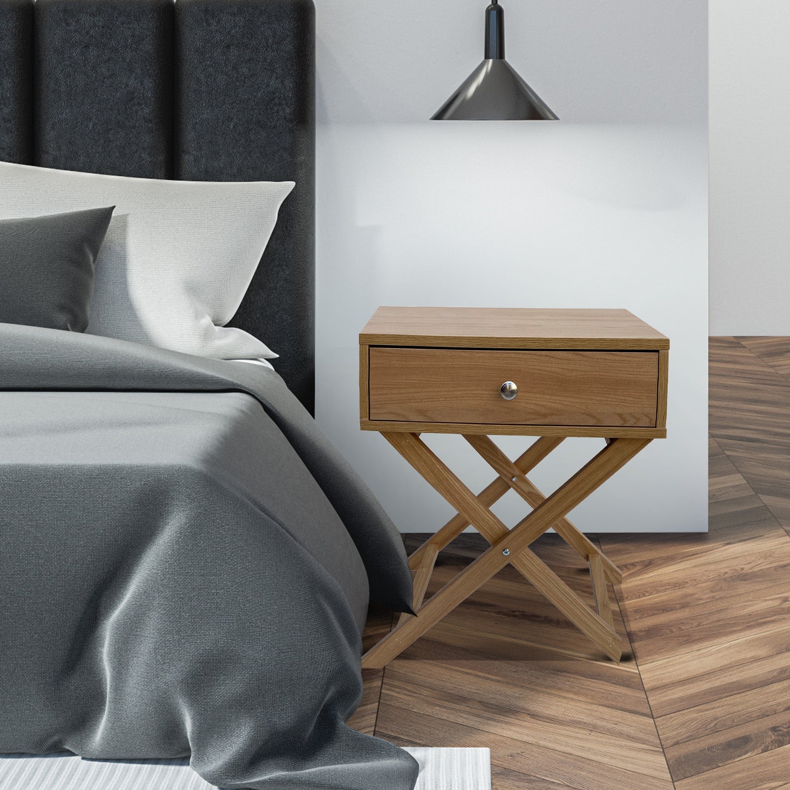 Milano Decor Bedside Table in Oak finish with spacious drawer and streamlined design, perfect for bedroom decor.