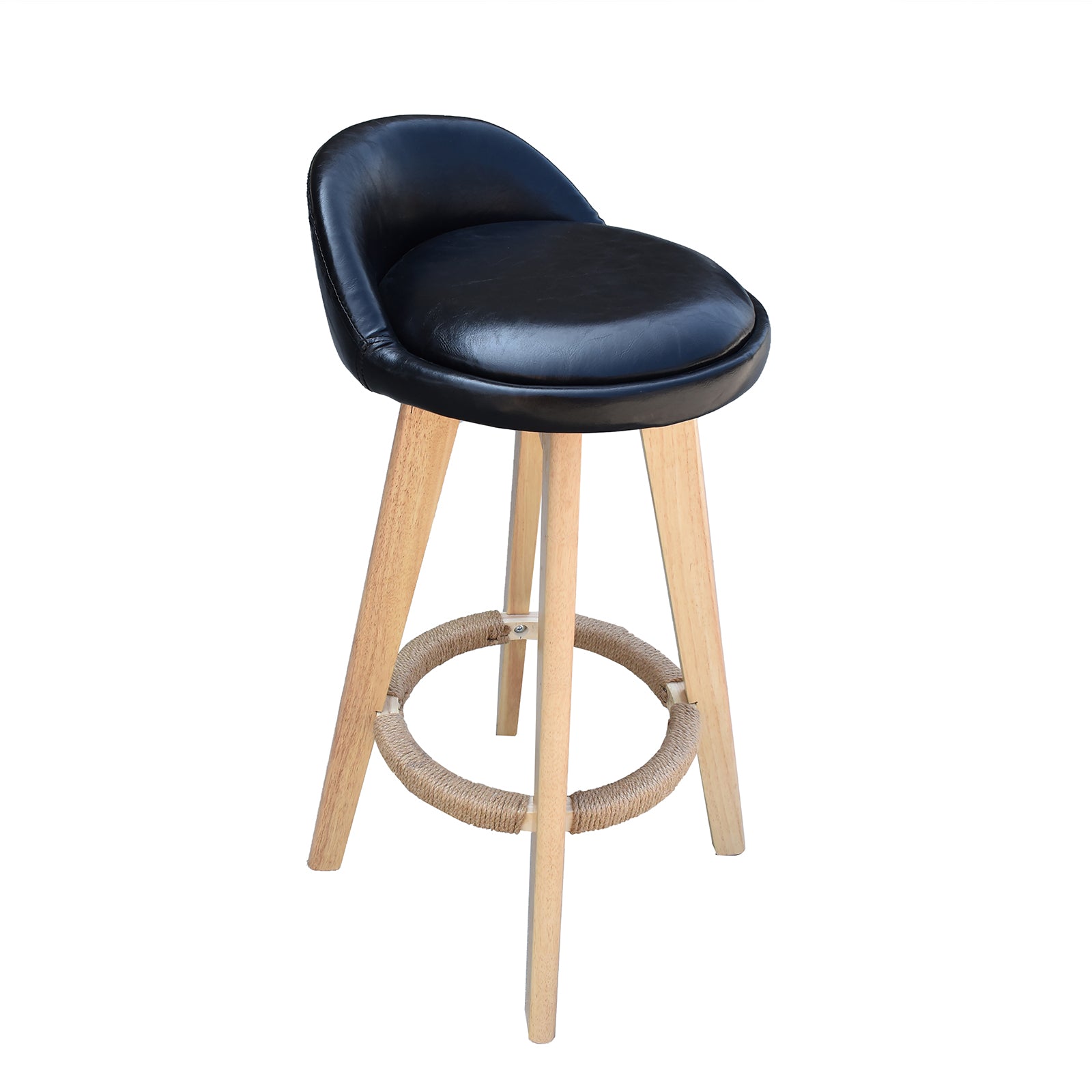 Milano Decor Phoenix Barstool in black with timber legs, featuring a padded seat and hemp rope footrest, perfect for kitchen or bar use.