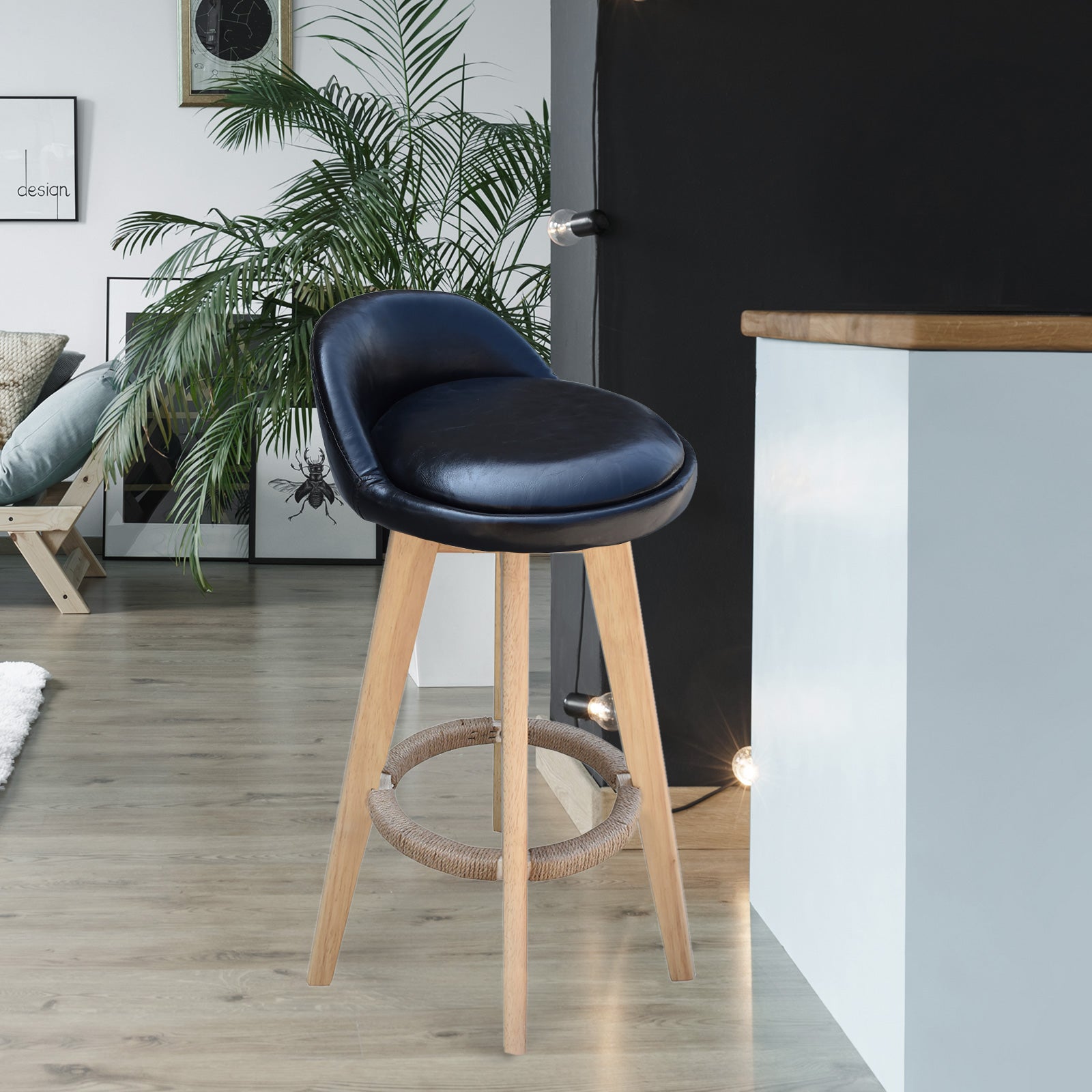 Milano Decor Phoenix Barstool in black with timber legs, featuring a padded seat and hemp rope footrest, perfect for kitchen or bar use.