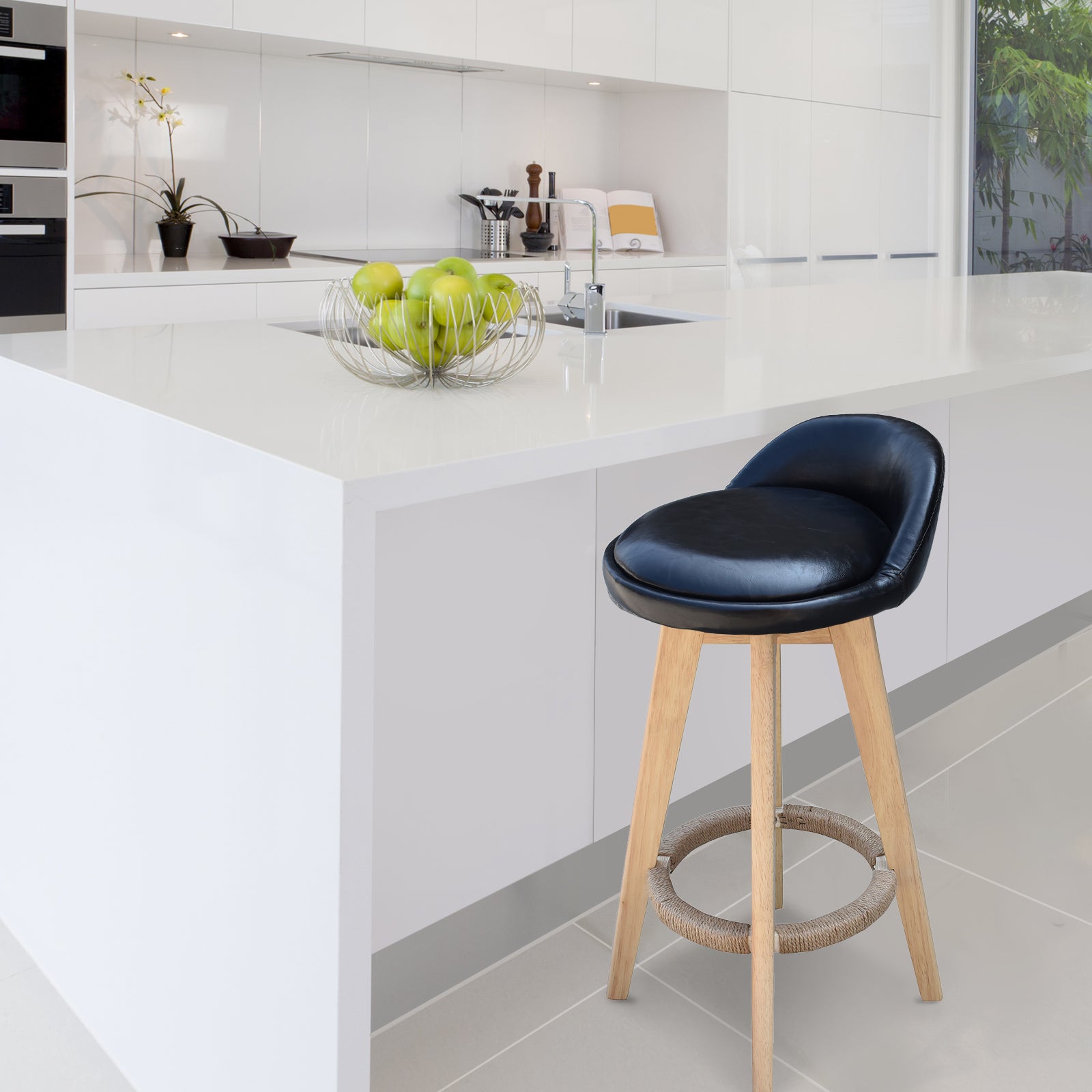 Milano Decor Phoenix Barstool in black with timber legs, featuring a padded seat and hemp rope footrest, perfect for kitchen or bar use.