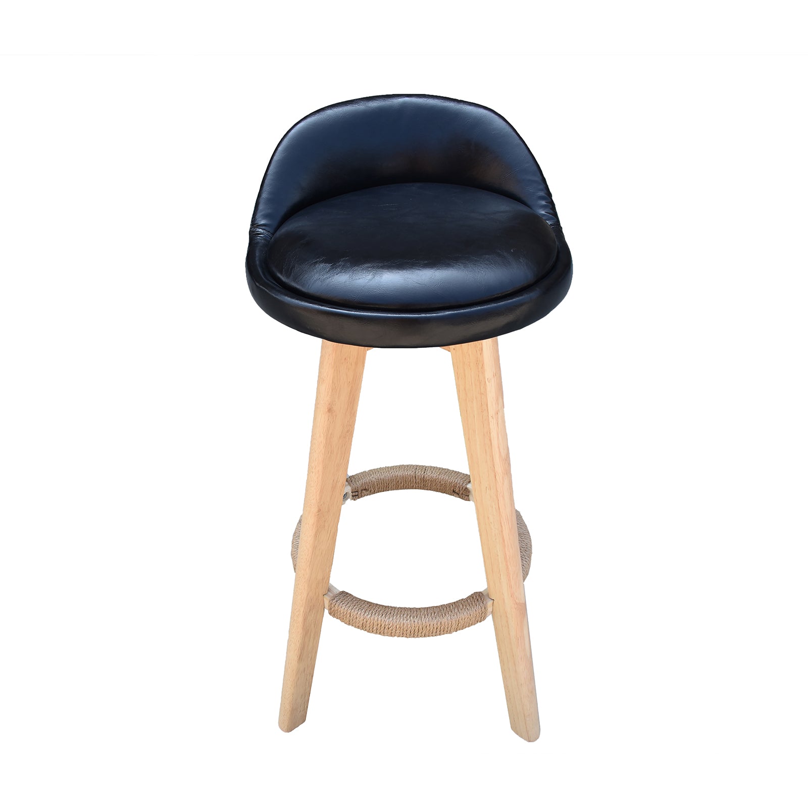 Milano Decor Phoenix Barstool in black with timber legs, featuring a padded seat and hemp rope footrest, perfect for kitchen or bar use.