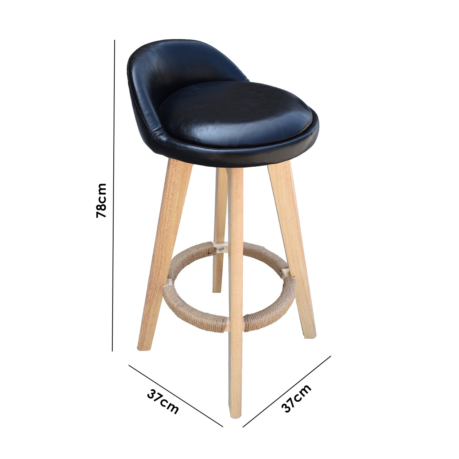 Milano Decor Phoenix Barstool in black with timber legs, featuring a padded seat and hemp rope footrest, perfect for kitchen or bar use.