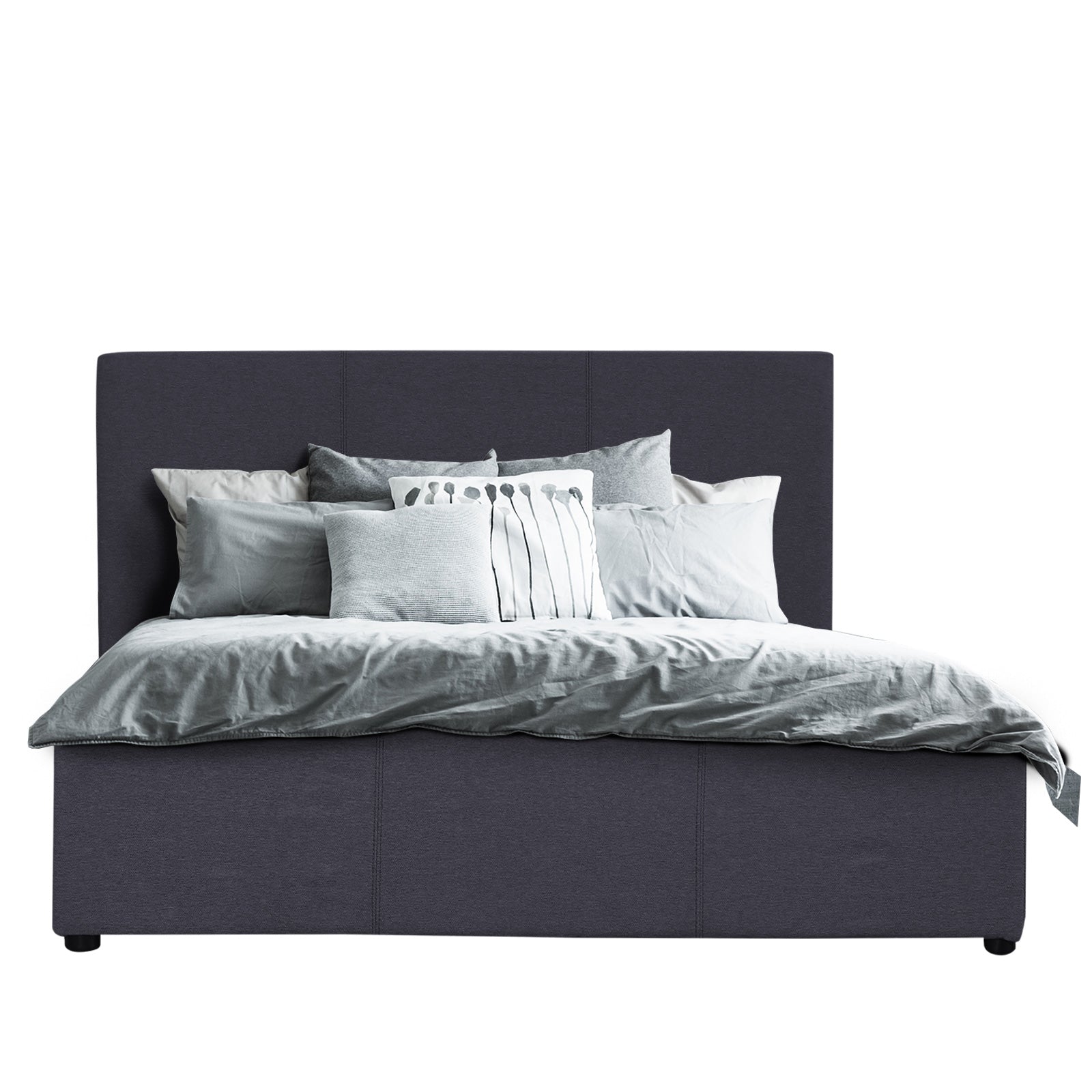 Milano Luxury Gas Lift Bed Frame with Headboard, showcasing modern design and spacious storage underneath.