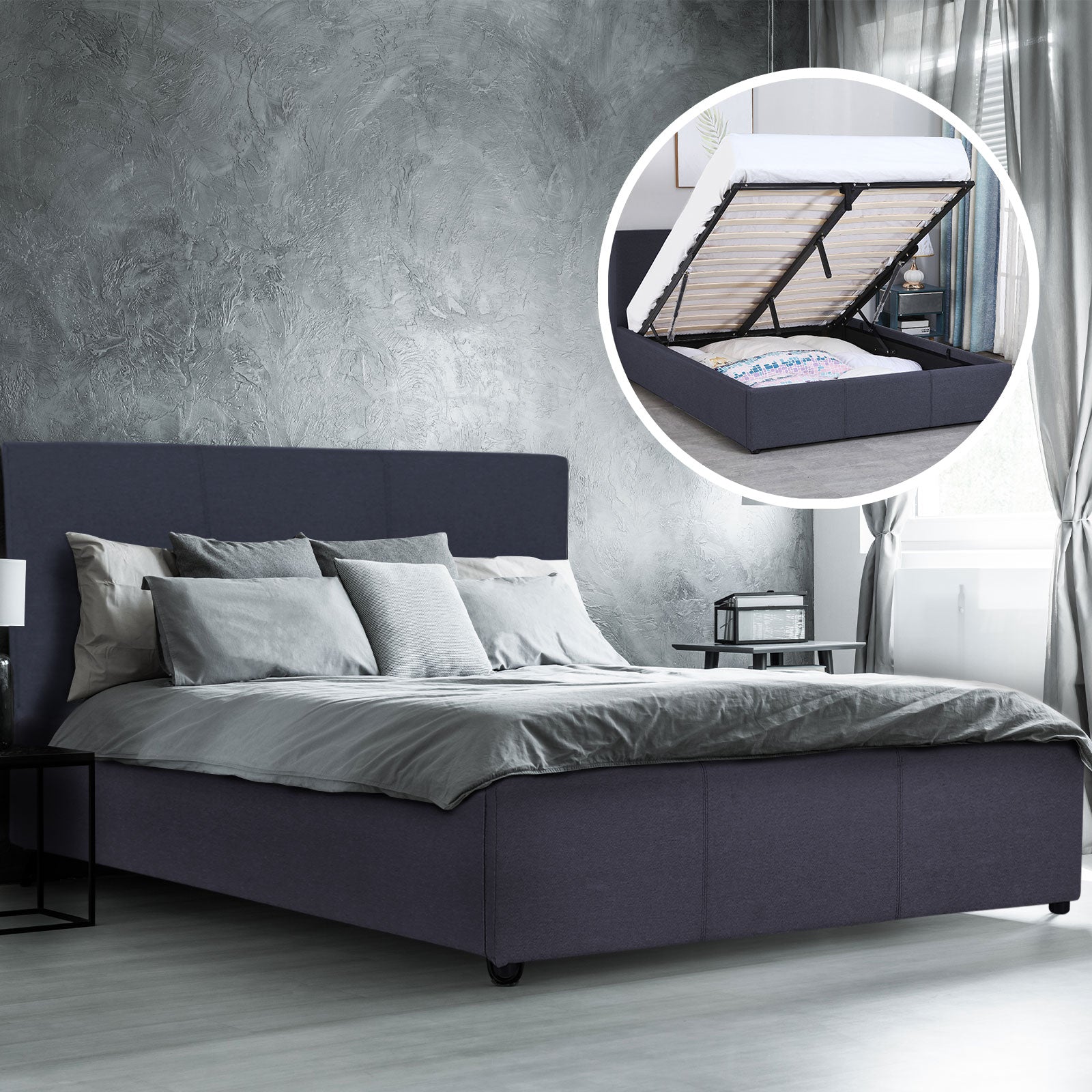 Milano Luxury Gas Lift Bed Frame with Headboard, showcasing modern design and spacious storage underneath.