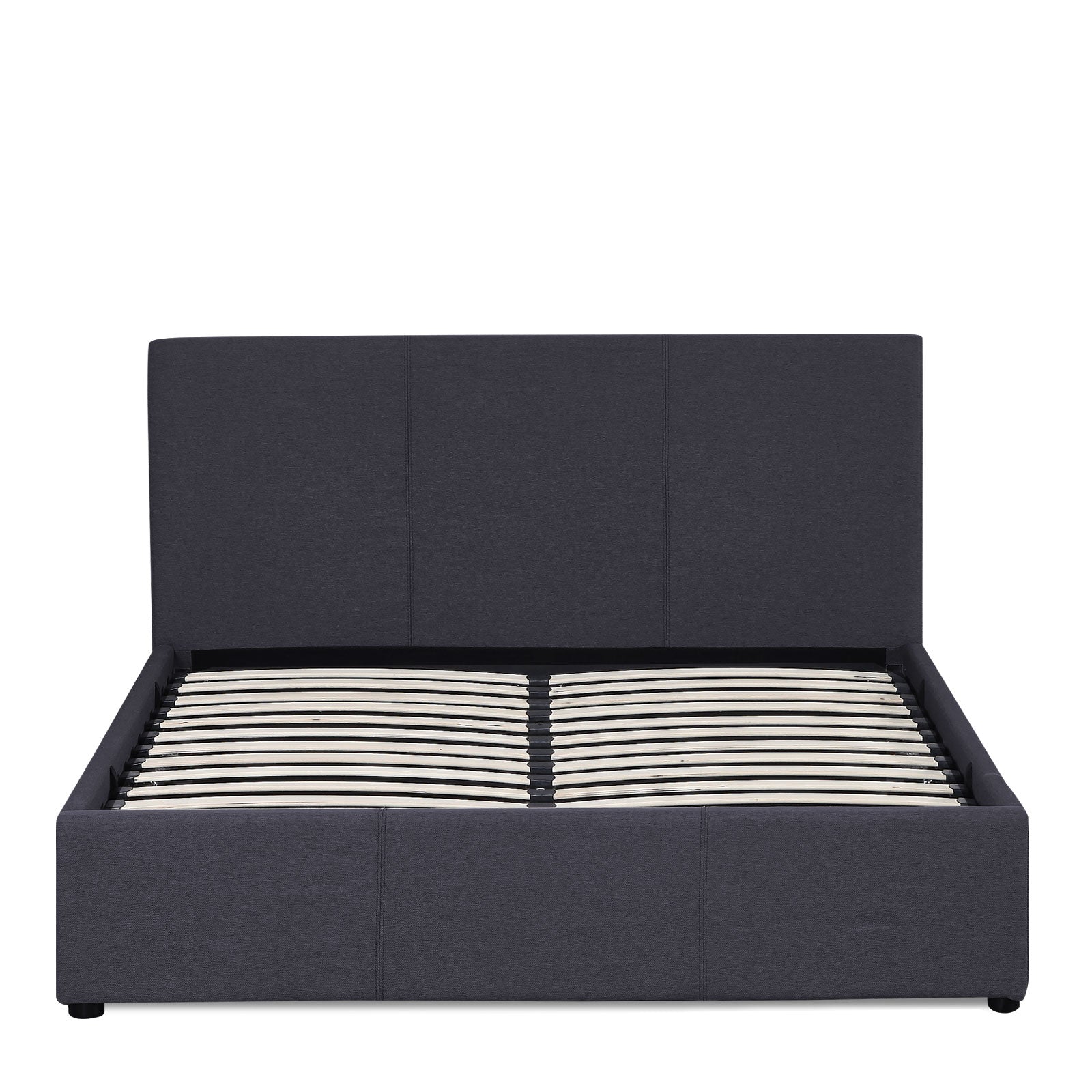 Milano Luxury Gas Lift Bed Frame with Headboard, showcasing modern design and spacious storage underneath.