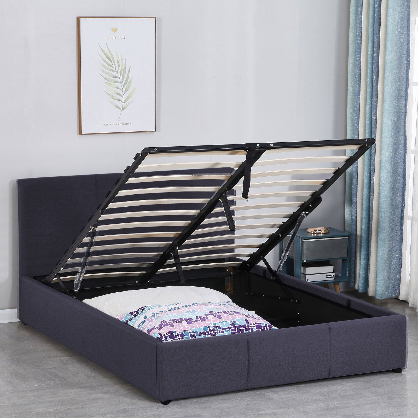 Milano Luxury Gas Lift Bed Frame with Headboard, showcasing modern design and spacious storage underneath.