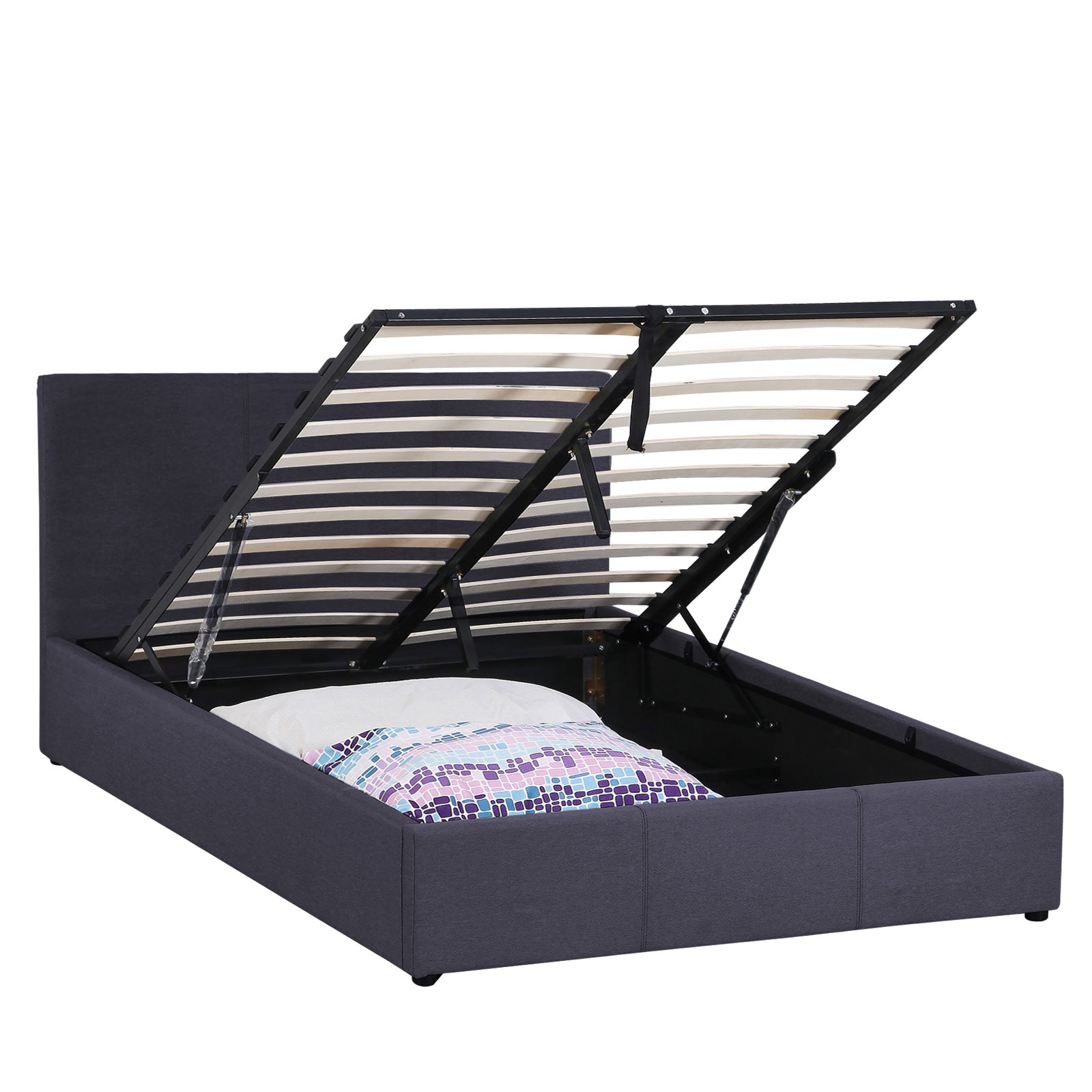 Milano Luxury Gas Lift Bed Frame with Headboard, showcasing modern design and spacious storage underneath.