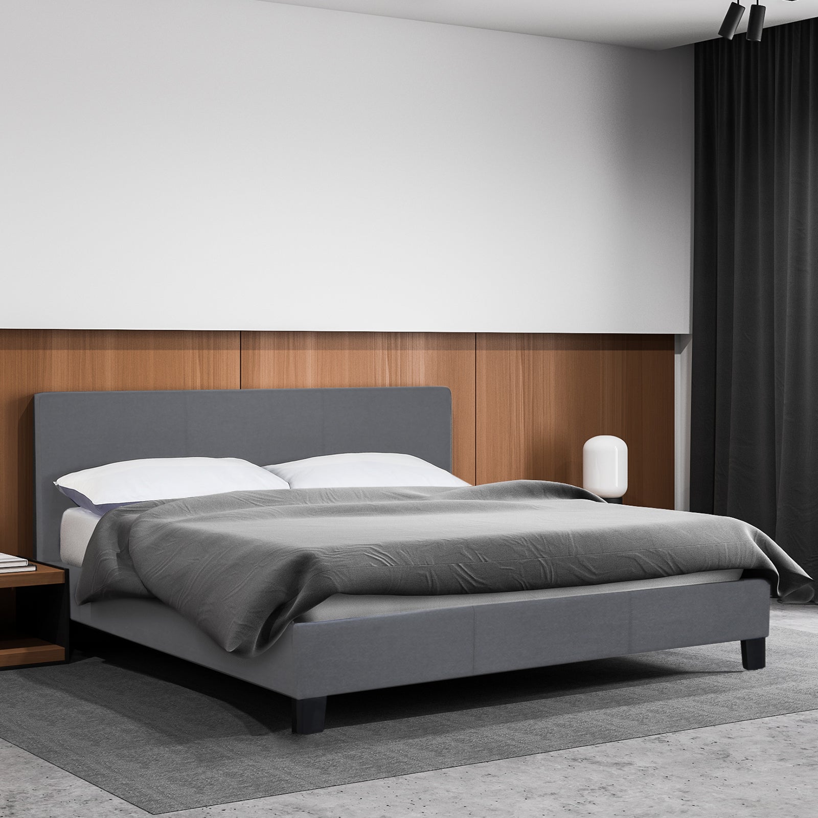 Milano Sienna Luxury Bed Frame with padded headboard in a modern bedroom setting, showcasing solid wood construction and high-quality fabric upholstery.