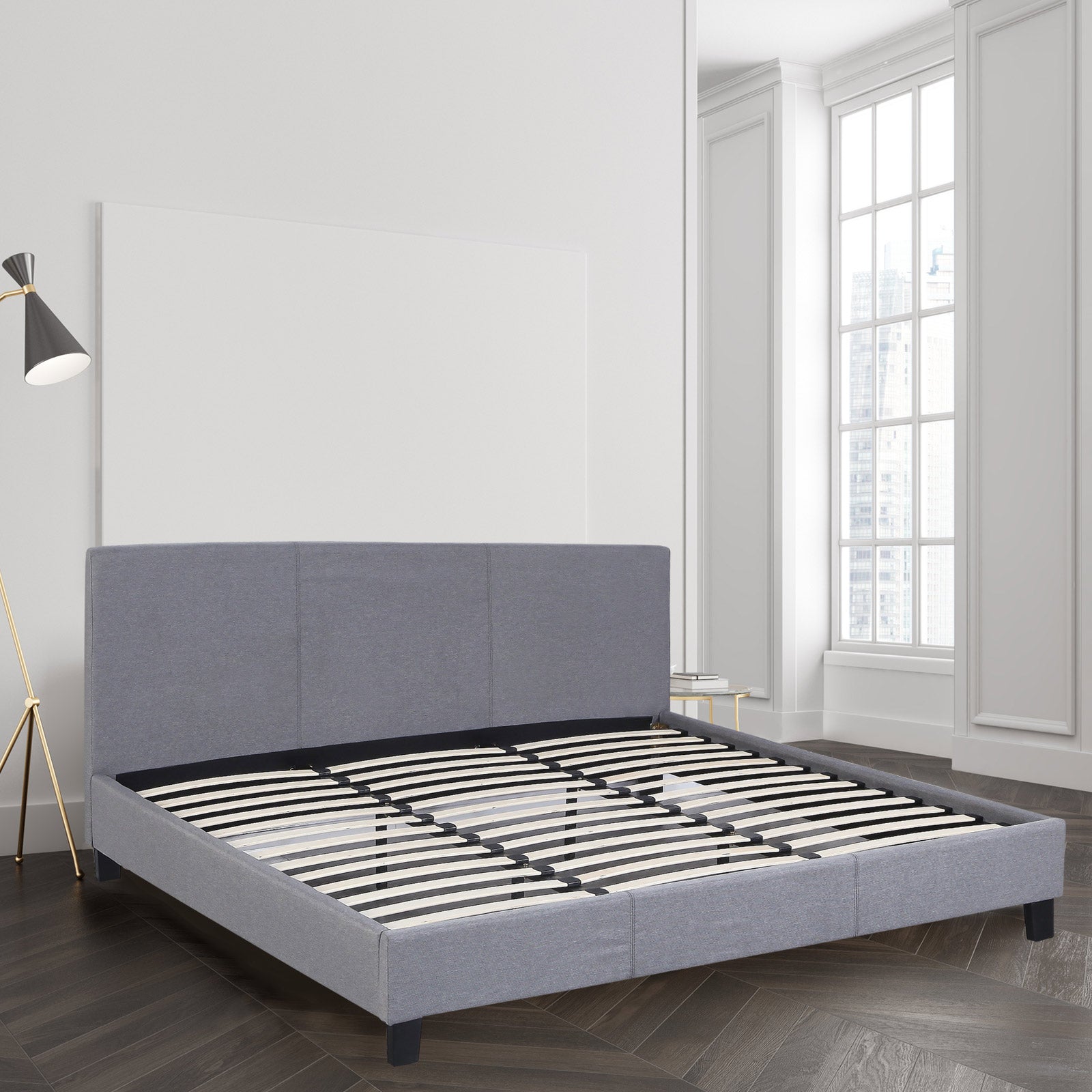 Milano Sienna Luxury Bed Frame with padded headboard in a modern bedroom setting, showcasing solid wood construction and high-quality fabric upholstery.