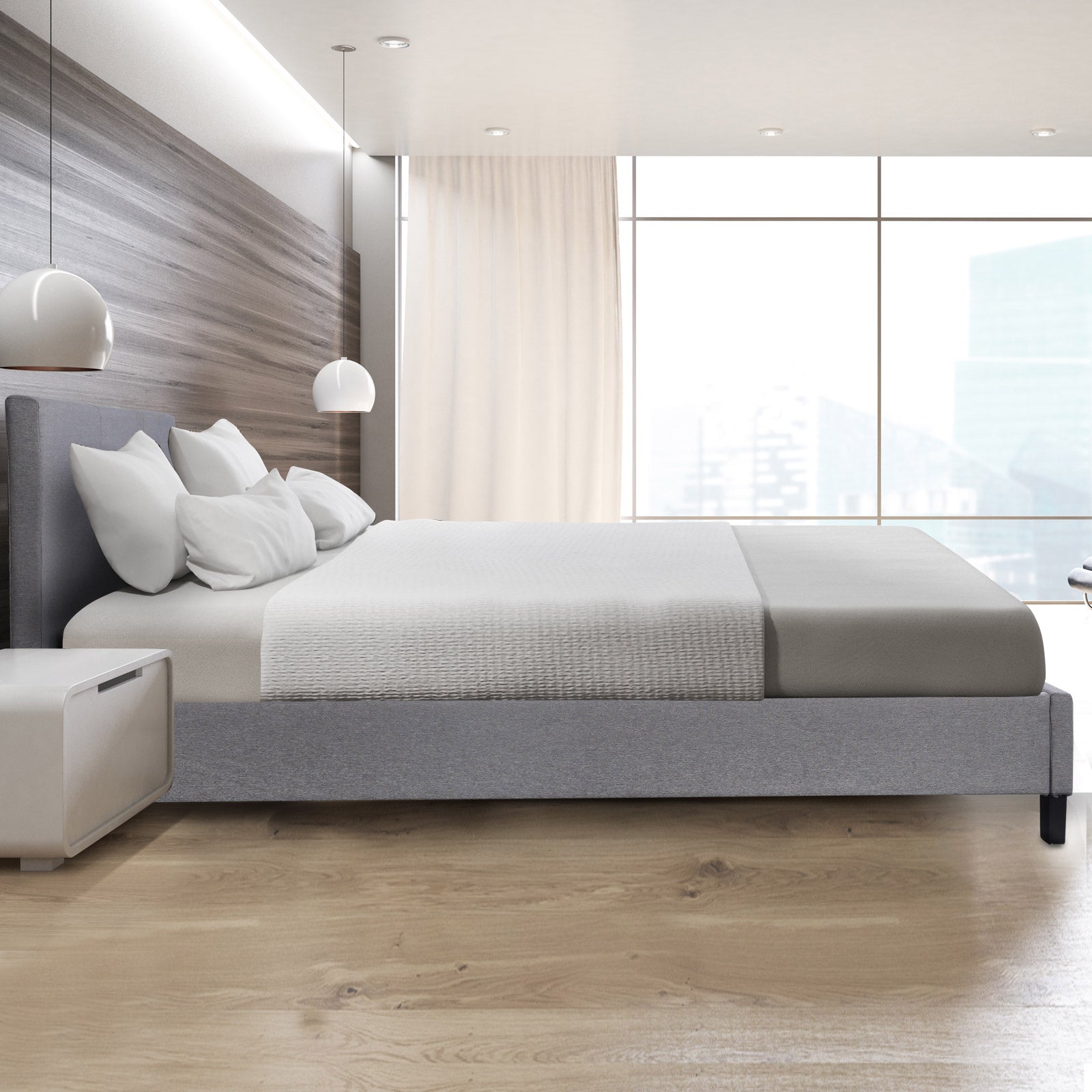 Milano Sienna Luxury Bed Frame with padded headboard in a modern bedroom setting, showcasing solid wood construction and high-quality fabric upholstery.