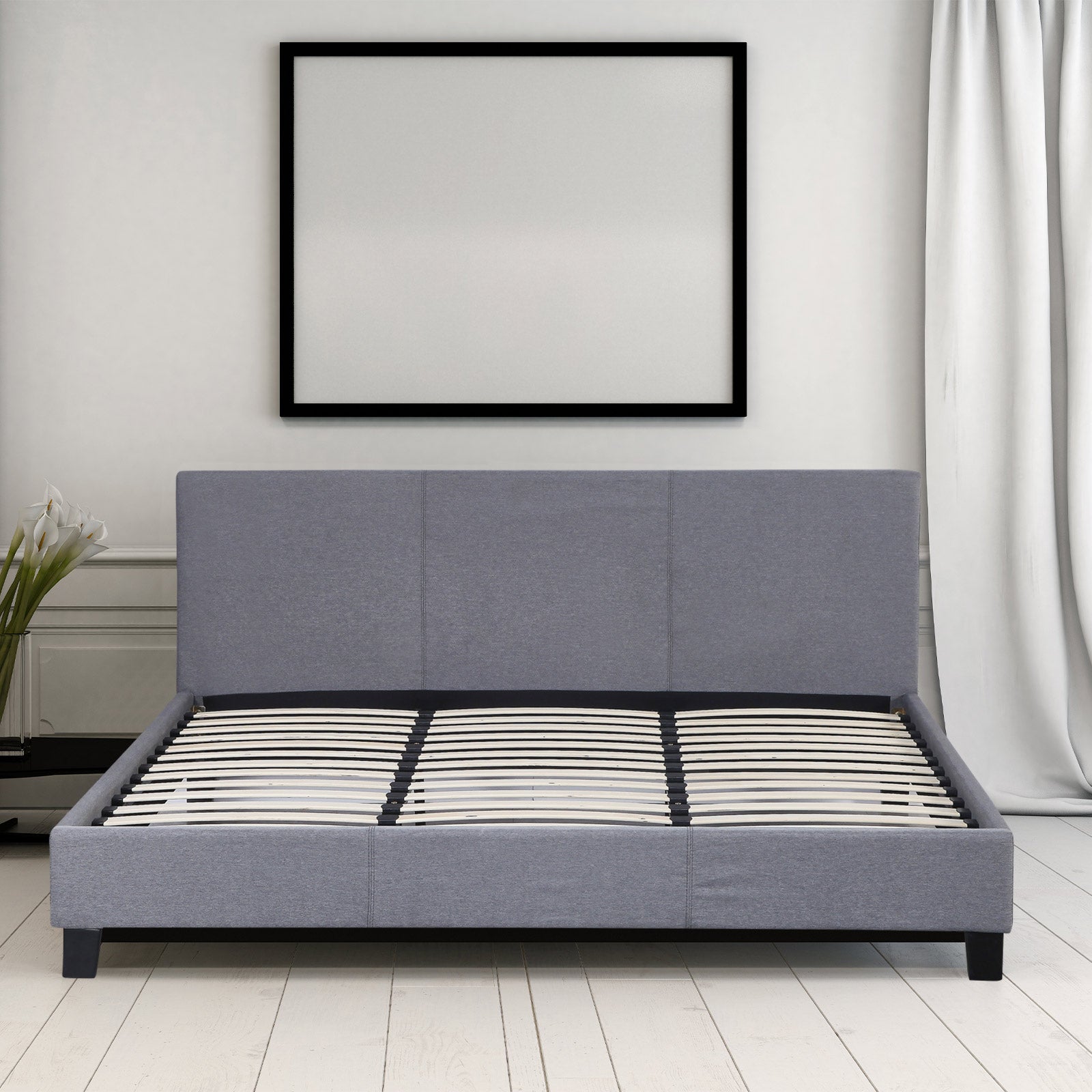 Milano Sienna Luxury Bed Frame with padded headboard in a modern bedroom setting, showcasing solid wood construction and high-quality fabric upholstery.