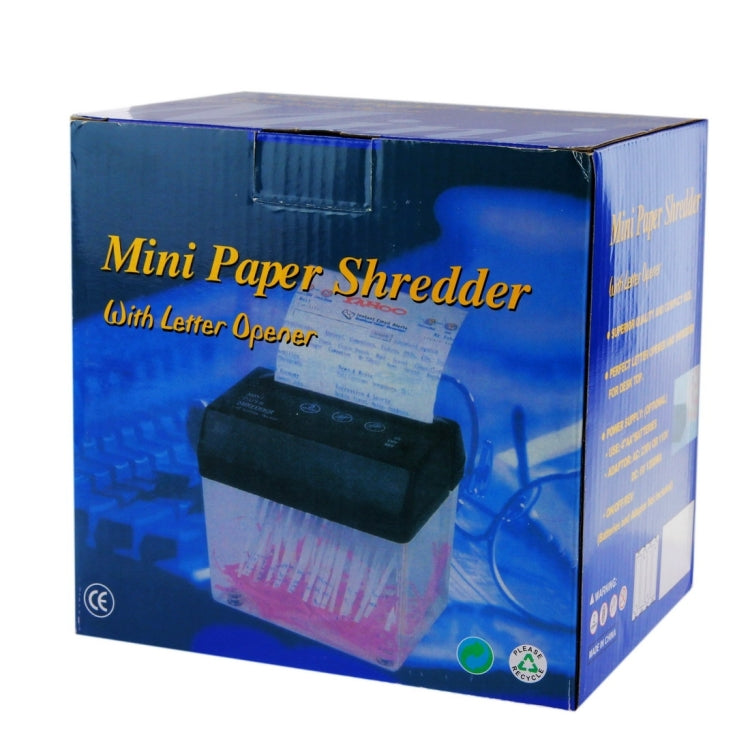 Mini USB Paper Shredder in black color with letter opener feature, compact design suitable for desktop use.