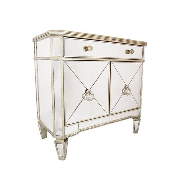 Mirrored 1 Drawer 2 Door Cabinet with Antique Ribbed design featuring gold leaf trim and bevelled glass.