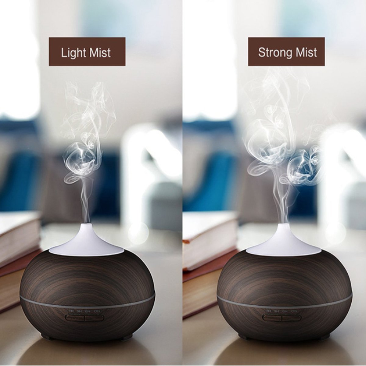 Mistyrious Essential Oil Humidifier in Natural Oak design, showcasing its elegant finish and essential oil tank.