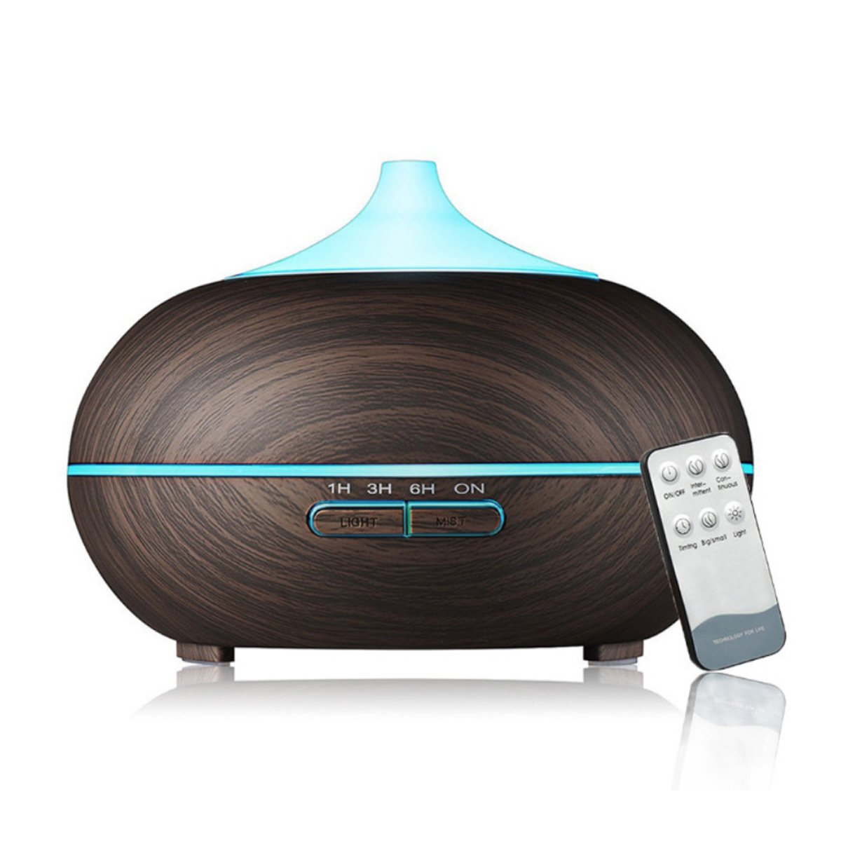 Mistyrious Essential Oil Humidifier in Natural Oak design, showcasing its elegant finish and essential oil tank.