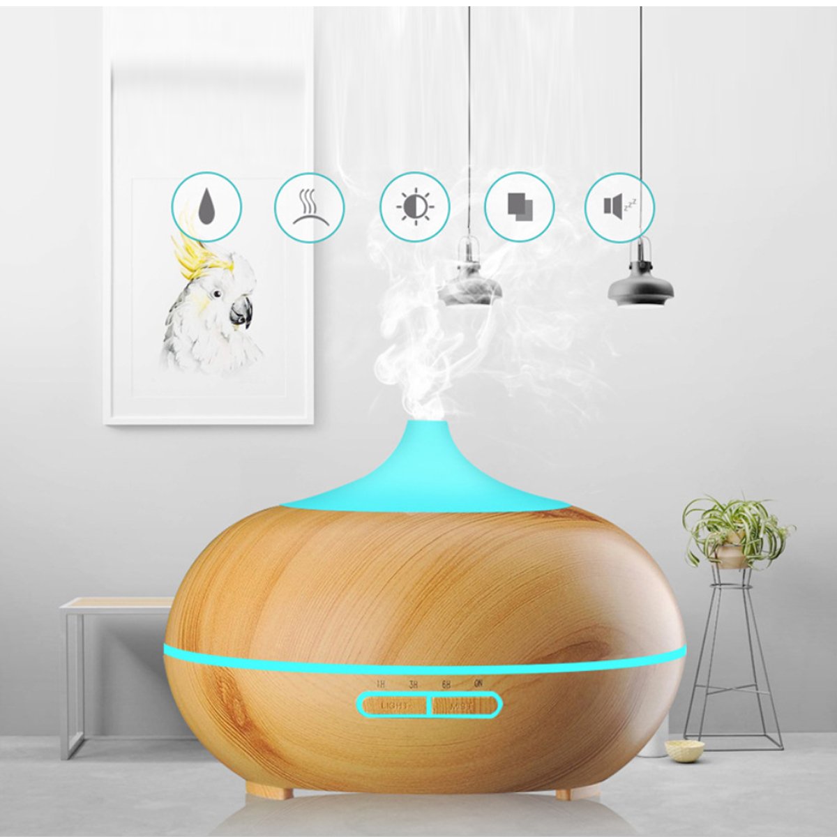 Mistyrious Essential Oil Humidifier in Natural Oak design, showcasing its elegant finish and essential oil tank.