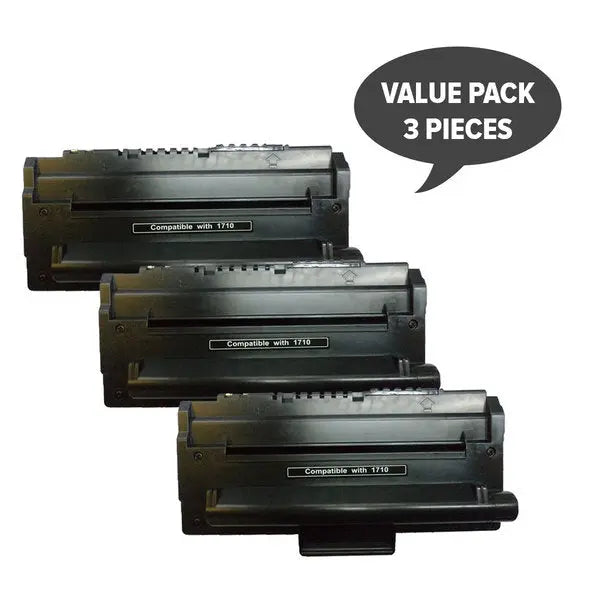 Three ML-1710 Premium Generic Toner cartridges for various printer models, showcasing their sleek design and compatibility.