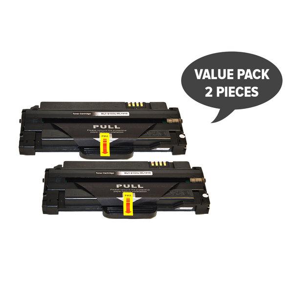 Two MLT-D105L generic toner cartridges for Samsung printers, showcasing their sleek design and packaging.