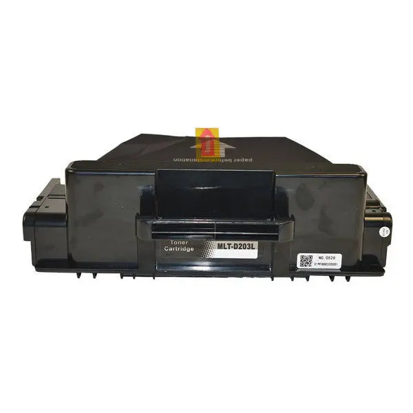 MLT-D203L Black Premium Generic Toner Cartridge with packaging, showcasing its sleek design and compatibility features.