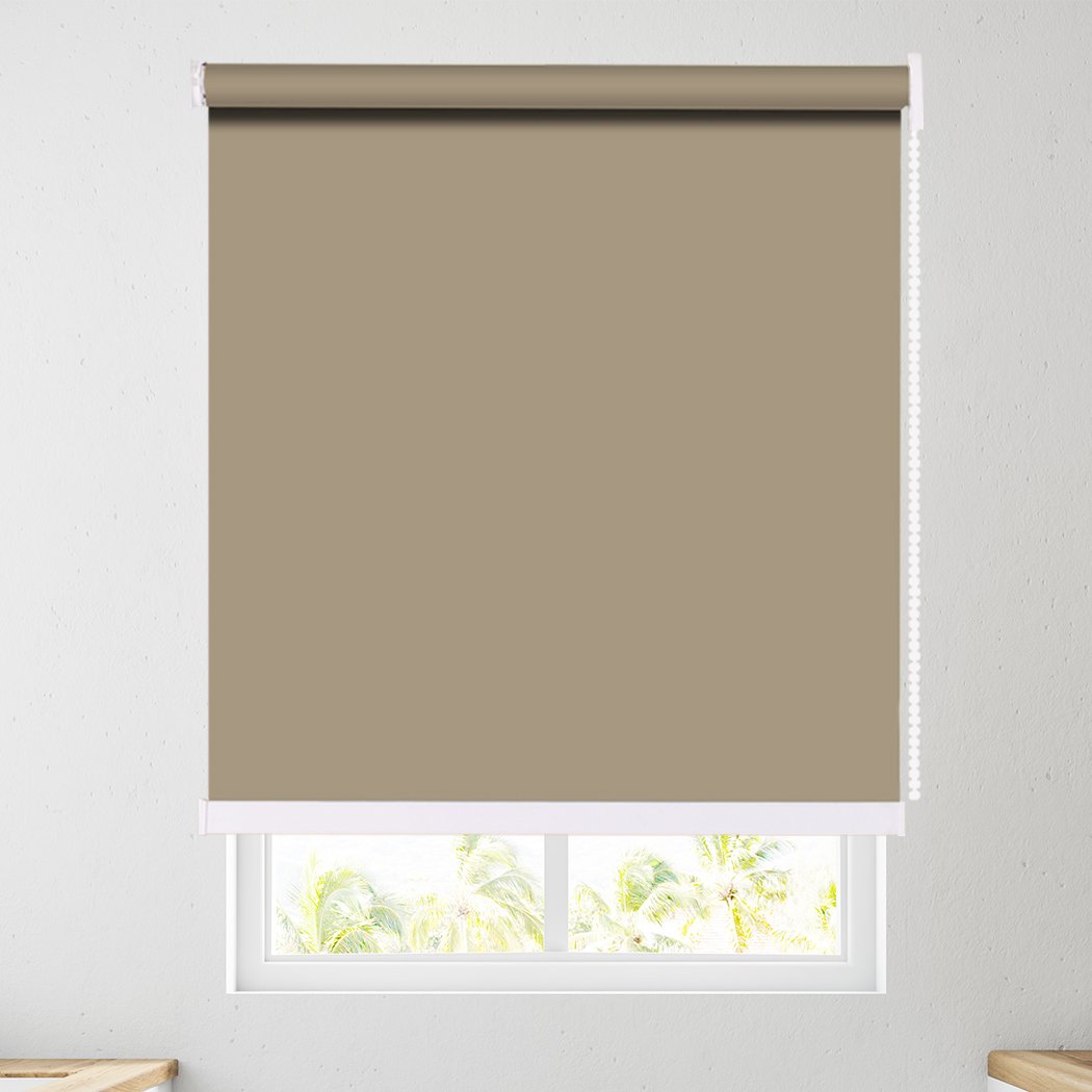 Modern Blockout Roller Blinds in tan color, showcasing full sun shading and elegant design, perfect for home decor.