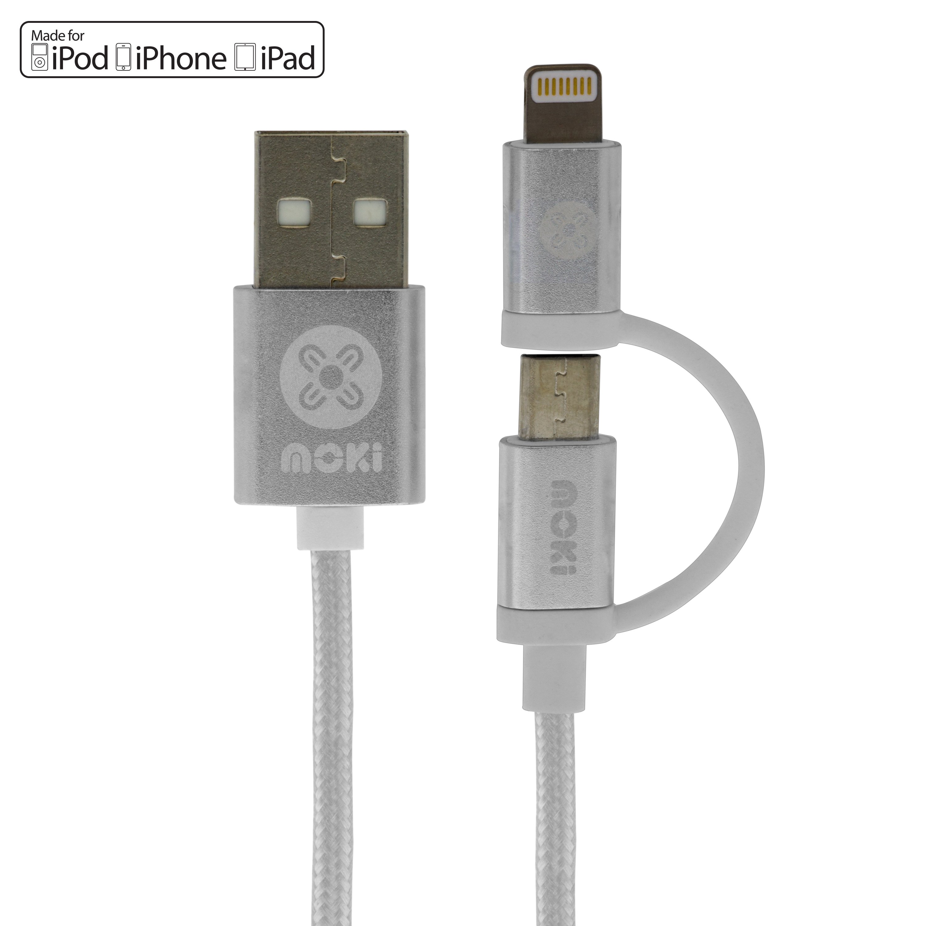 MOKI 2 in 1 Lightning and MicroUSB SynCharge Cable in silver, featuring a braided design and aluminium connectors, measuring 90cm.