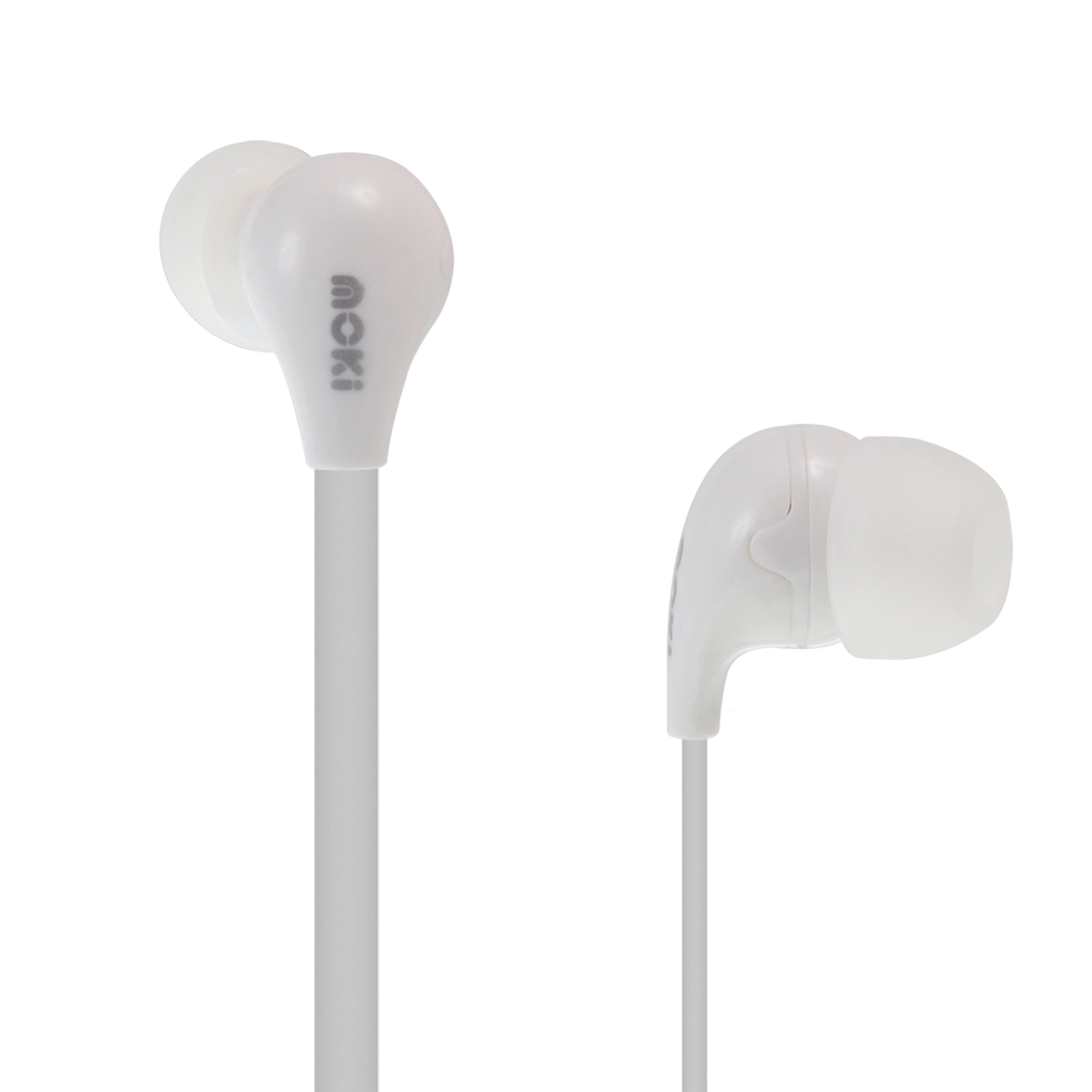 MOKI 45° Comfort Buds in White showcasing ergonomic design and flat cable.