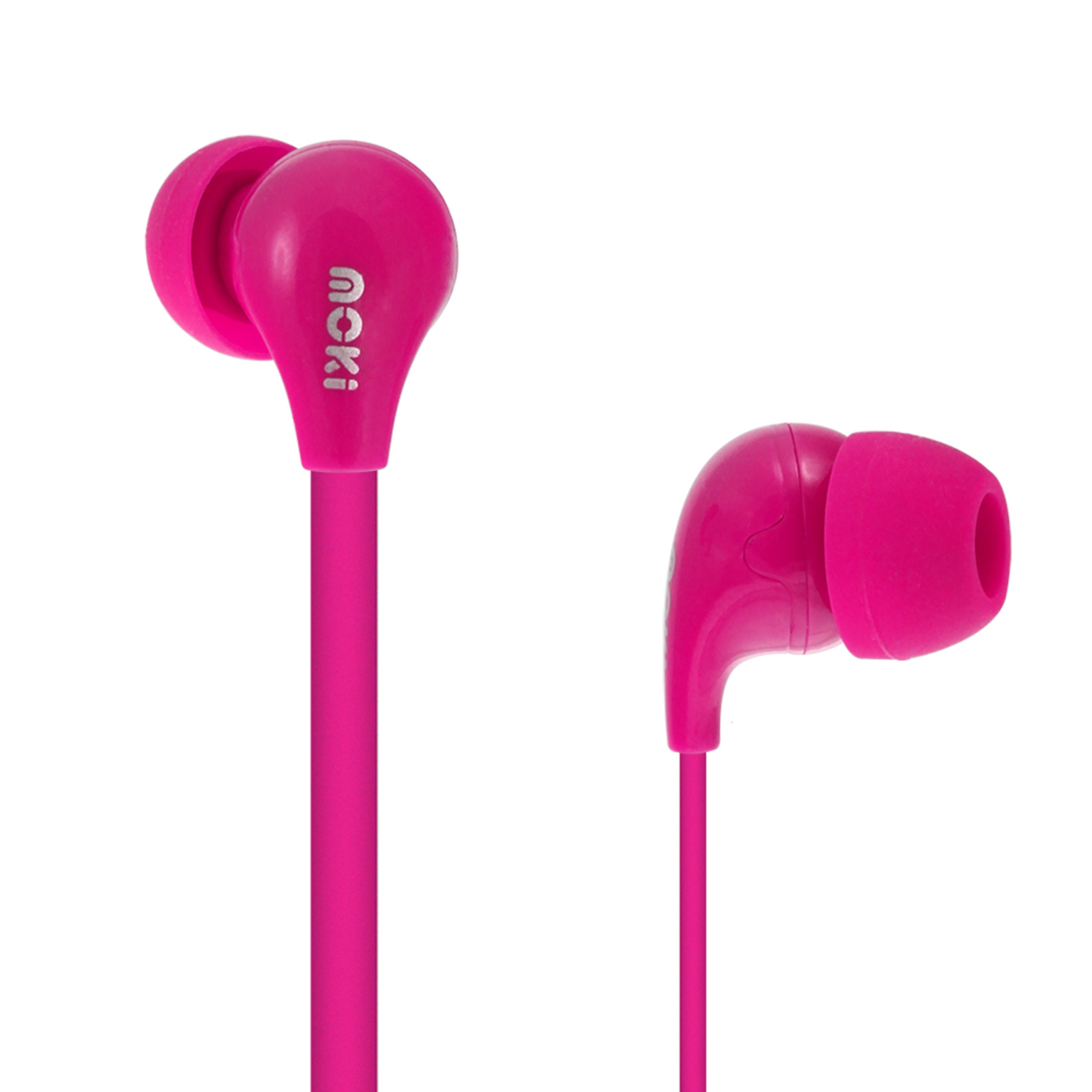 MOKI 45 Degree Comfort Buds in pink, showcasing ergonomic design and flat cable for tangle-free use.