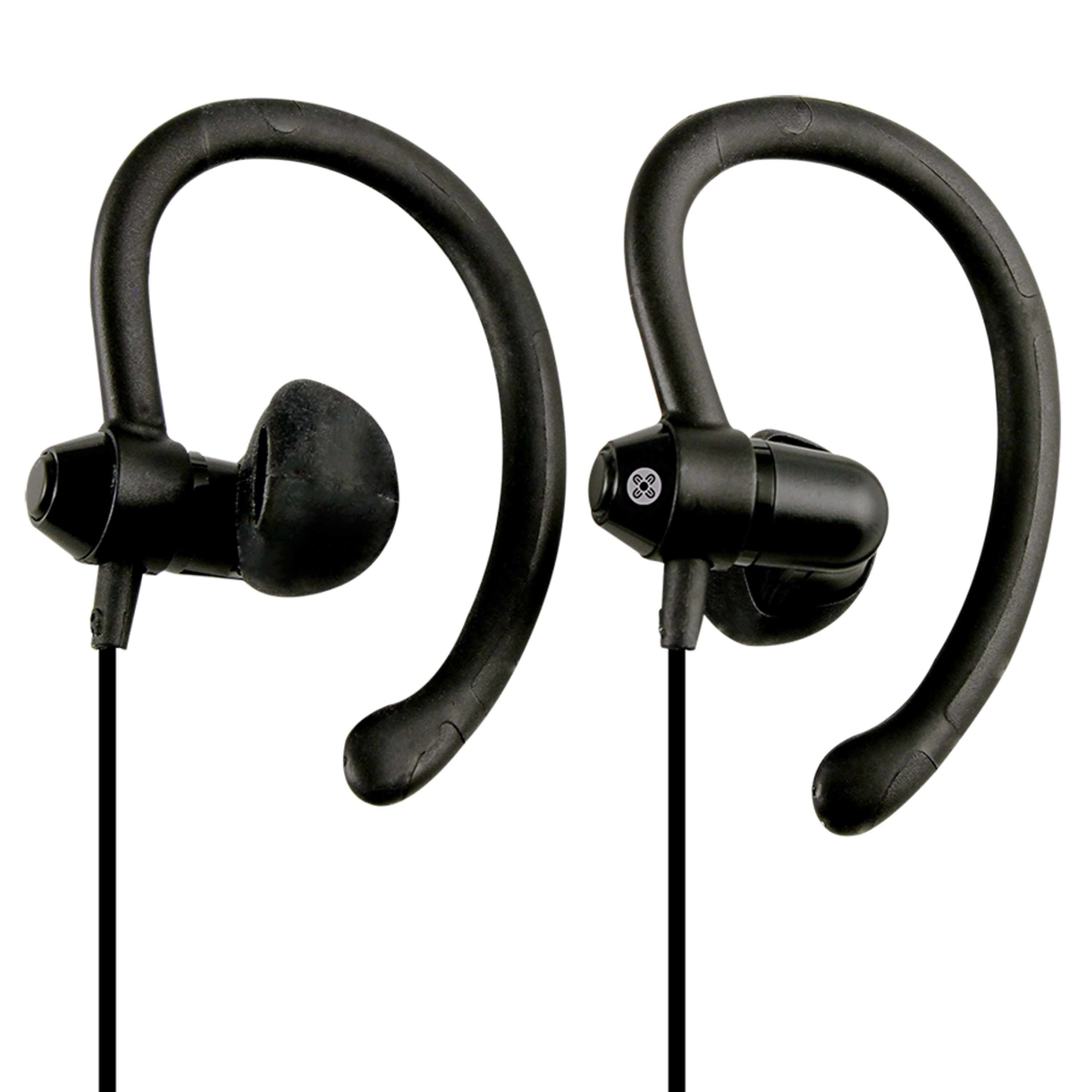 MOKI 90 Degree Sports Earphones in black, featuring flexible ear hooks and angled earbuds for secure fit during workouts.