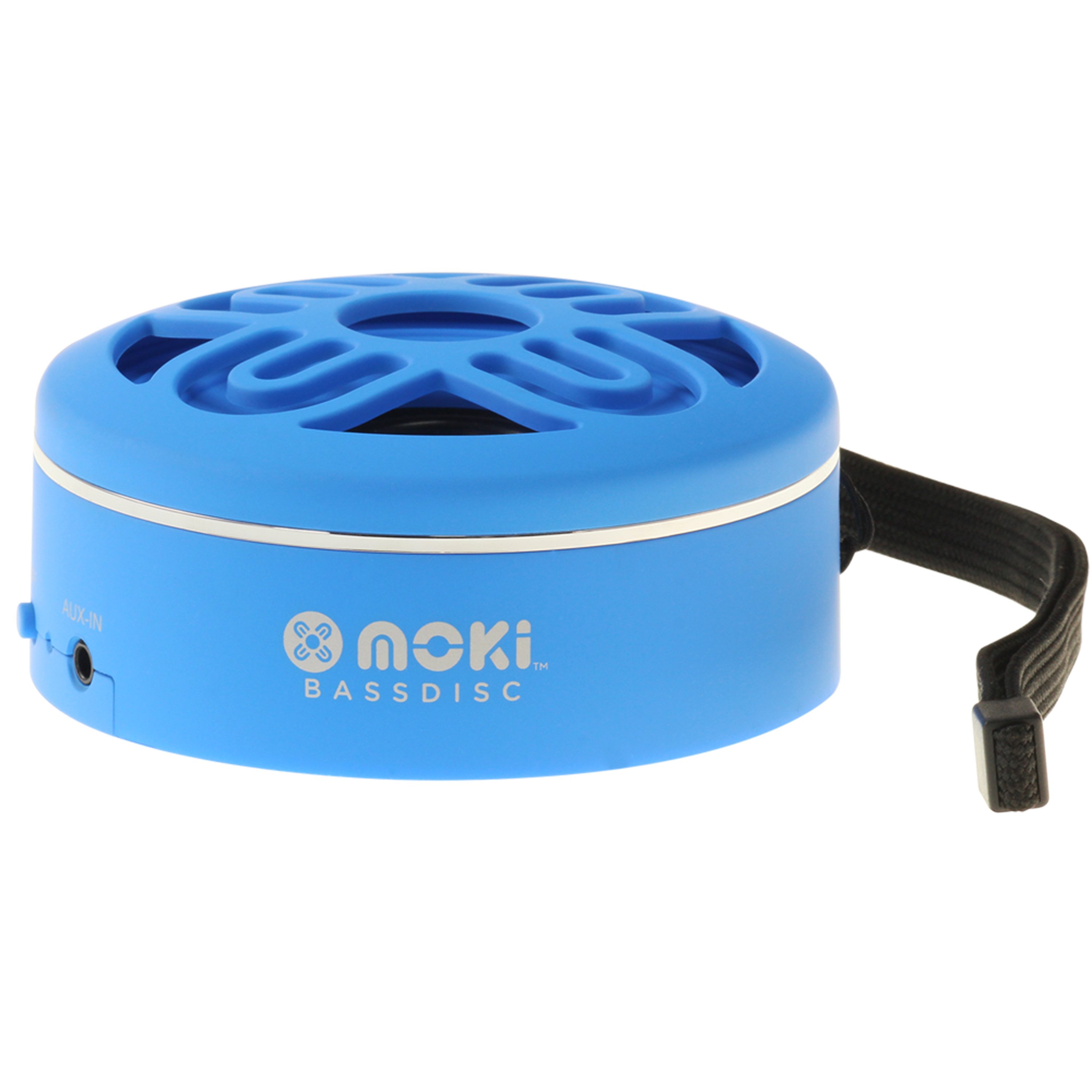 MOKI BassDisc in blue color, a compact wireless Bluetooth speaker with a sleek design and wrist strap.