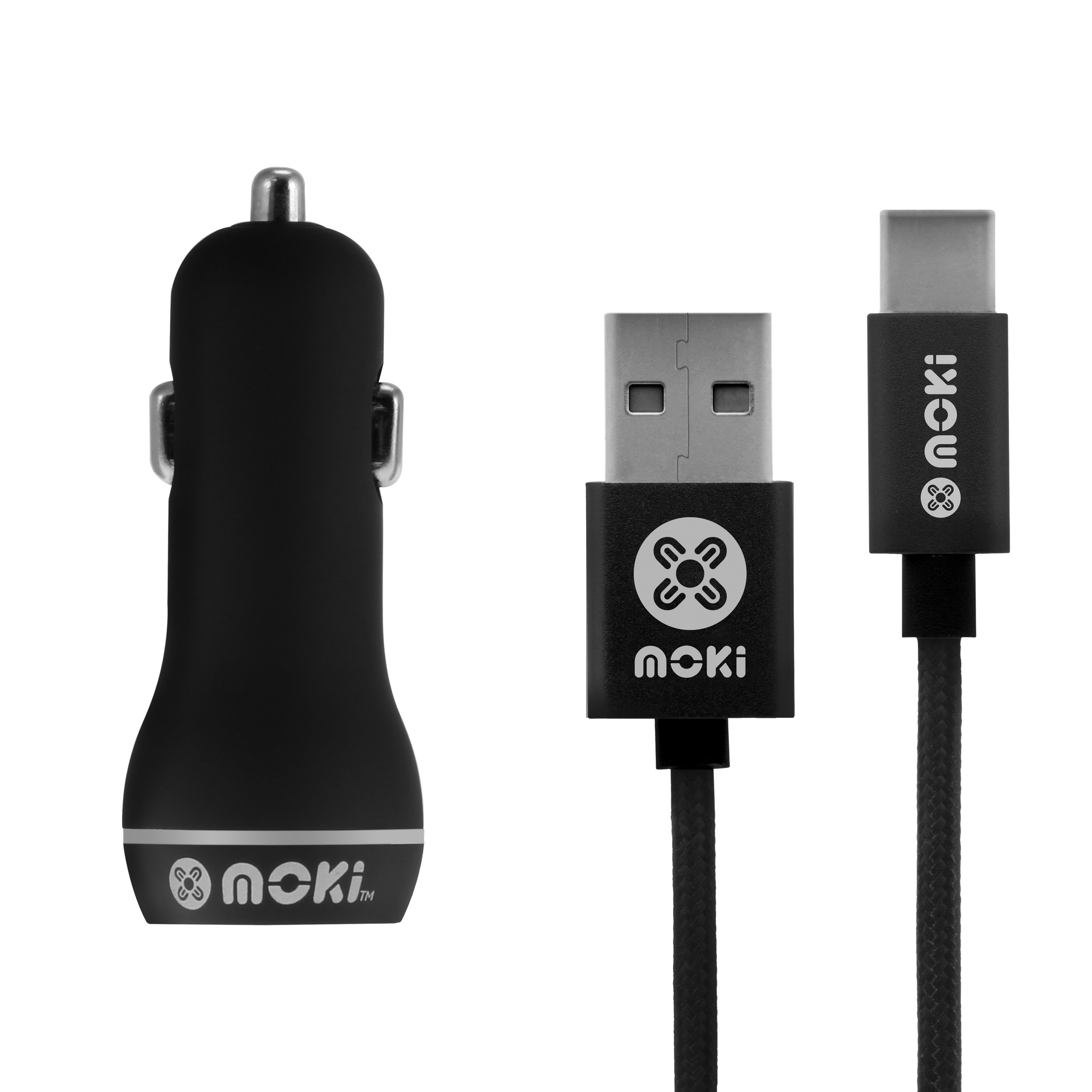 MOKI Braided Type-C SynCharge Cable with Dual USB Car Charger, showcasing its durable design and functionality.