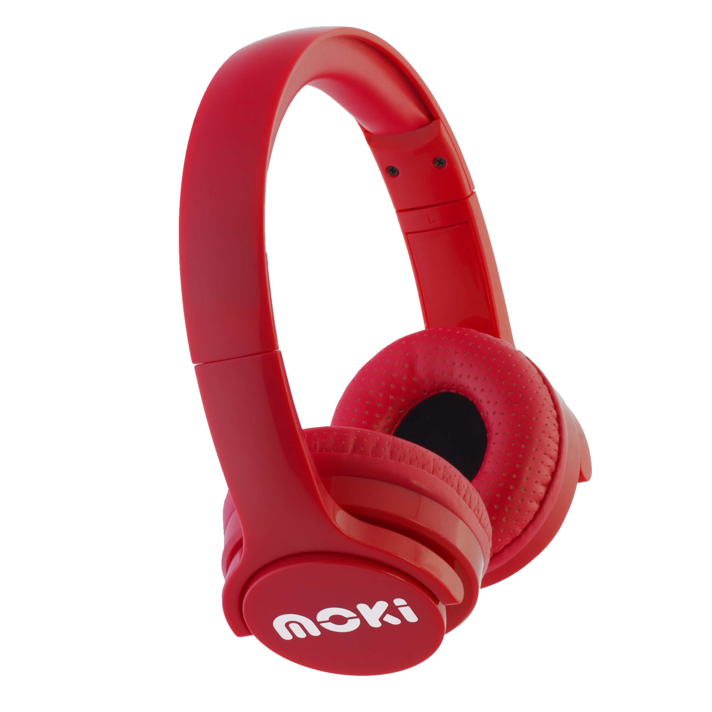 MOKI Brites Bluetooth Headphones in vibrant red color, showcasing the ear cups and control panel.