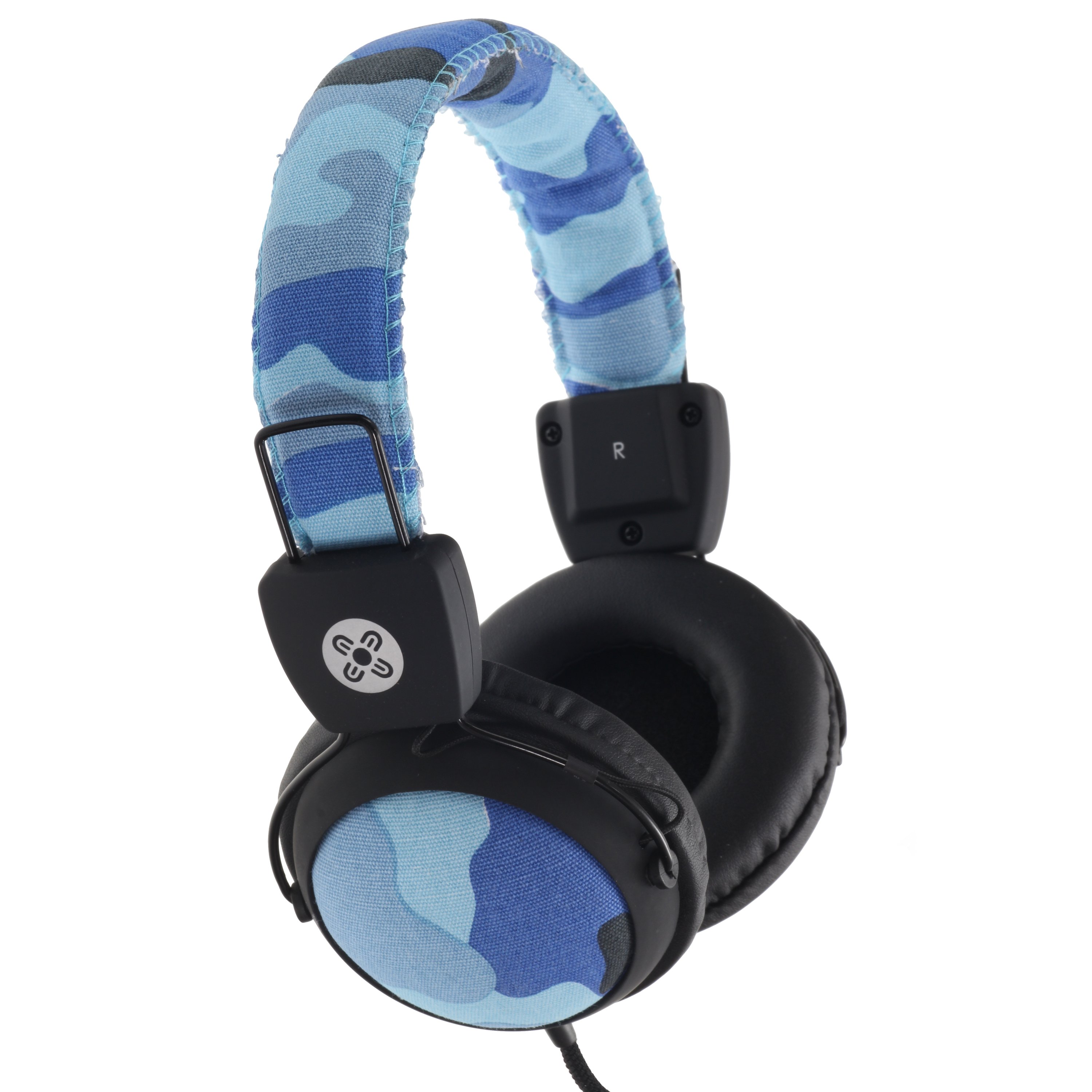 MOKI Camo Headphones in blue with a camouflage print, featuring soft padded ear cups and an adjustable headband.