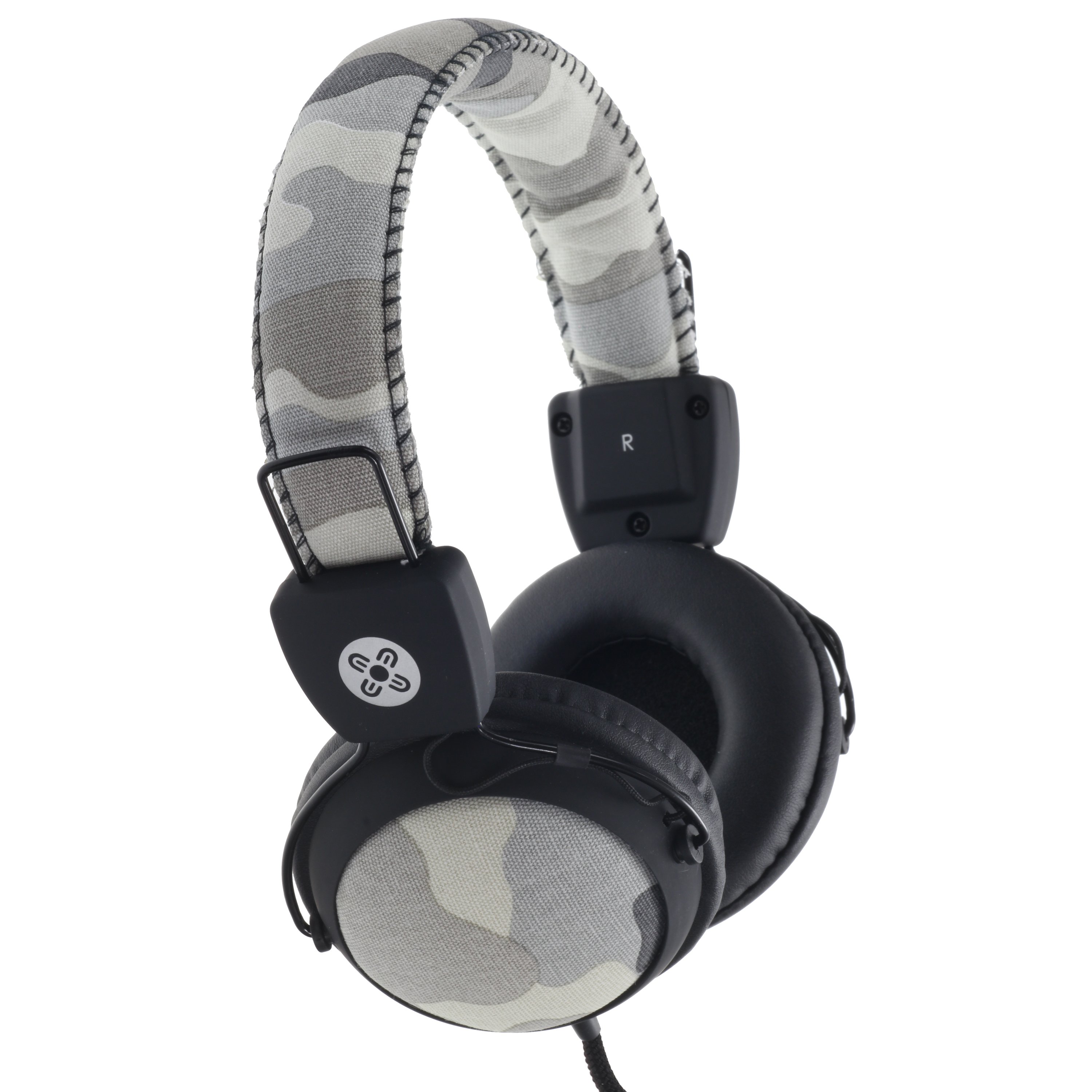 Moki Camo Headphones in Grey with in-line microphone and padded ear cups, featuring a stylish camouflage design.