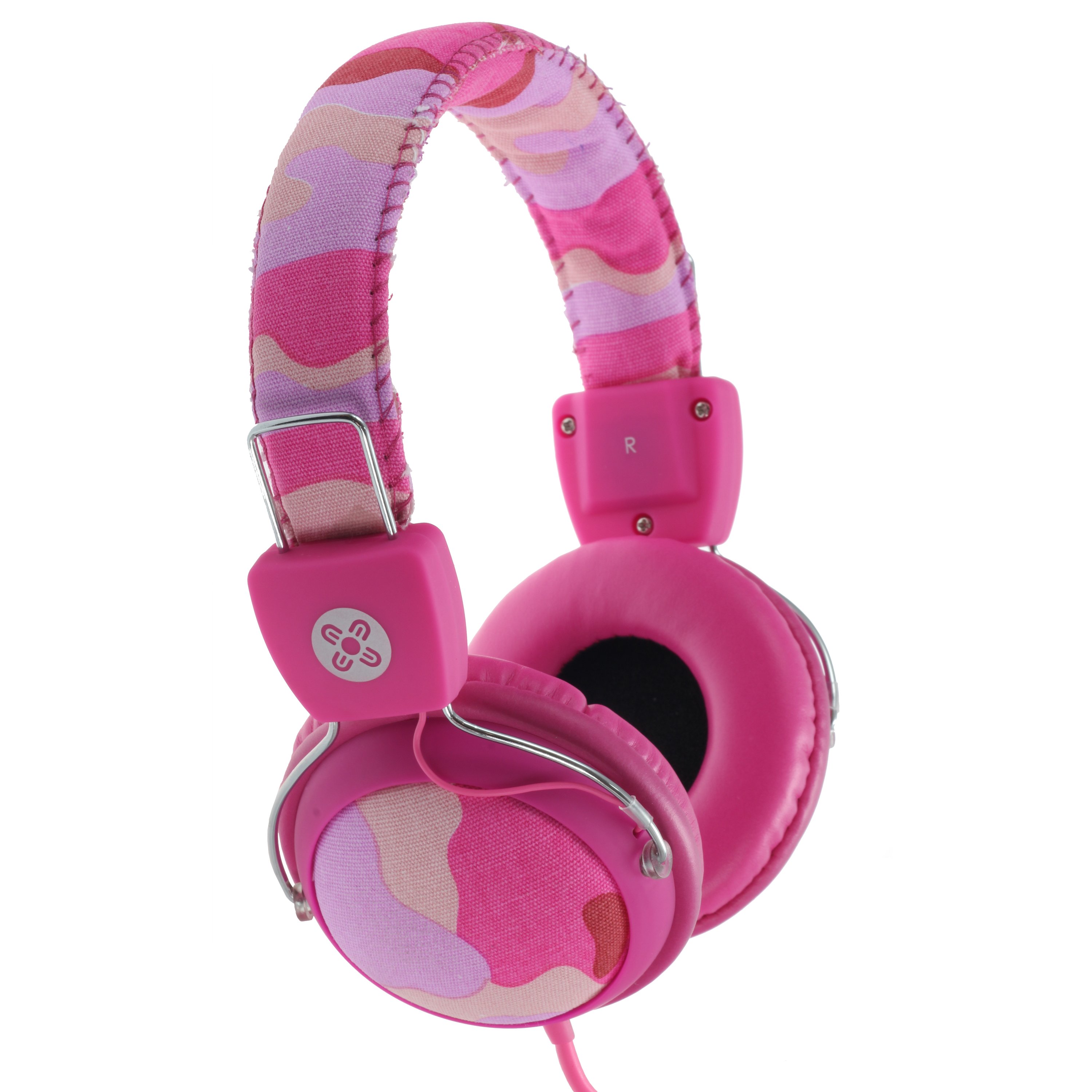 MOKI Camo Headphones in Pink with in-line mic, featuring a stylish camouflage design and soft padded ear cups.